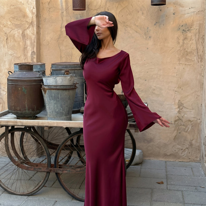 Sofia - Women's Evening Fitted Maxi Dress with Flared Cuffs - Maxi Dresses - Burgundy - Davies & Cooper