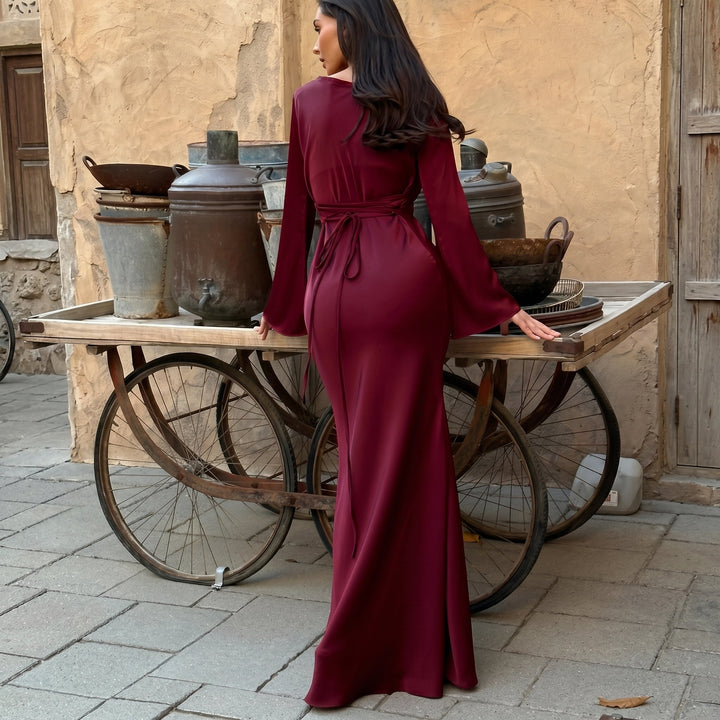 Sofia - Women's Evening Fitted Maxi Dress with Flared Cuffs - Maxi Dresses - Burgundy - Davies & Cooper