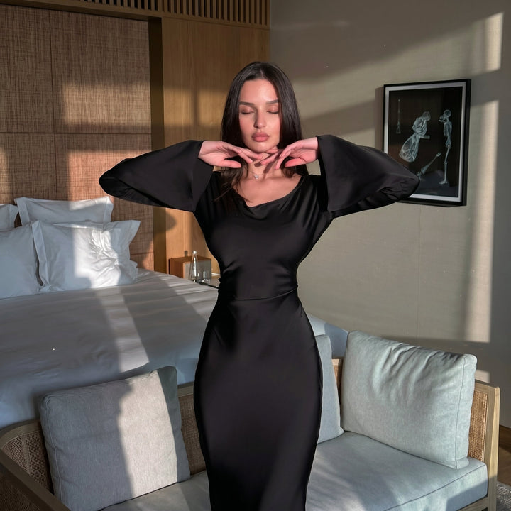 Sofia - Women's Evening Fitted Maxi Dress with Flared Cuffs - Maxi Dresses - Black - Davies & Cooper
