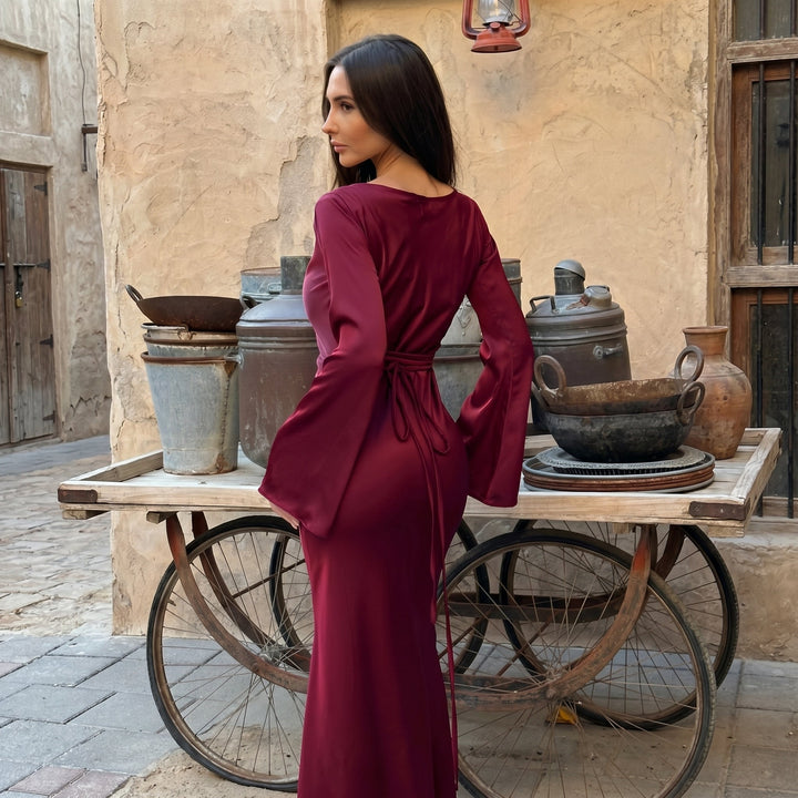 Sofia - Women's Evening Fitted Maxi Dress with Flared Cuffs - Maxi Dresses - Burgundy - Davies & Cooper