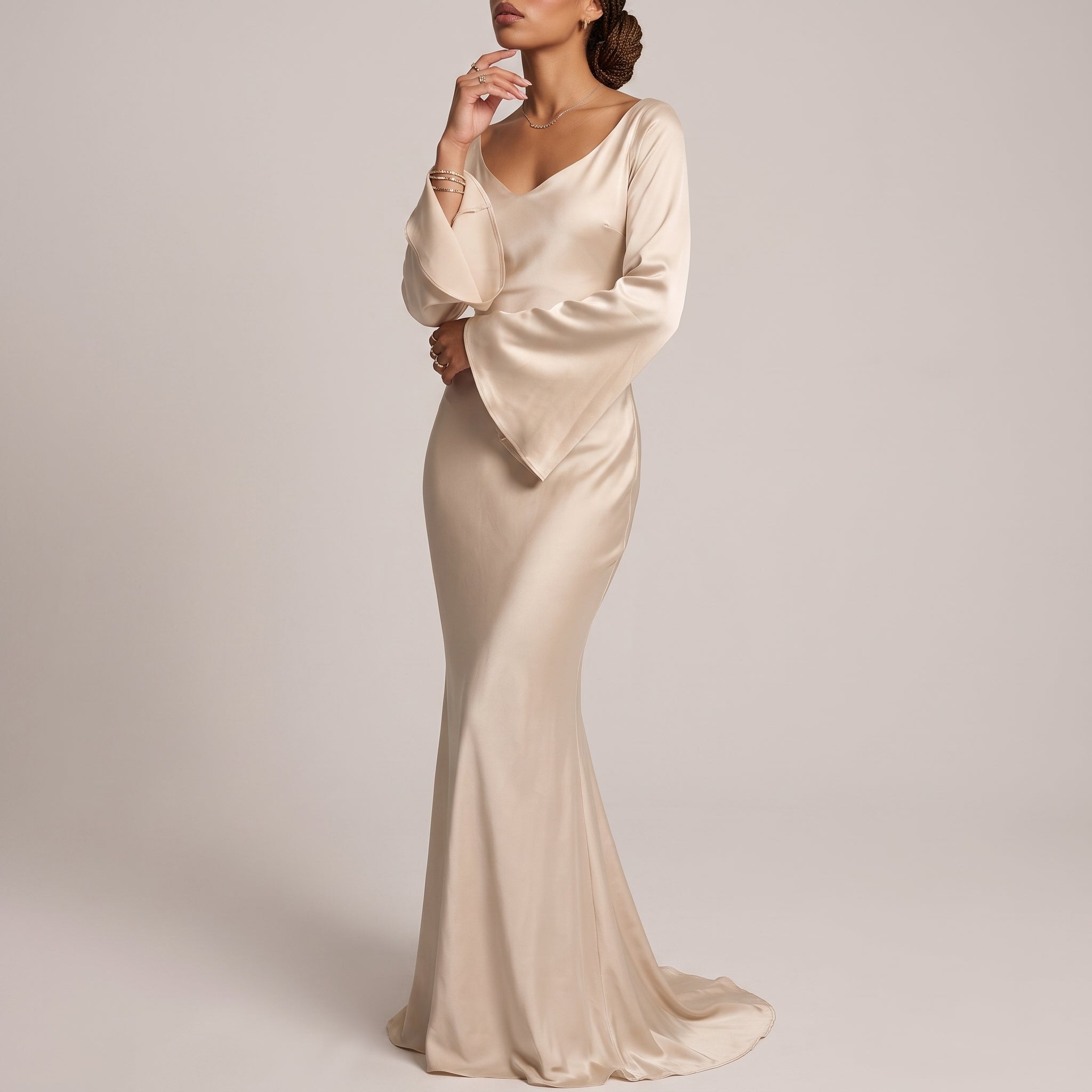 Sofia - Women's Evening Fitted Maxi Dress with Flared Cuffs - Maxi Dresses - White - Davies & Cooper