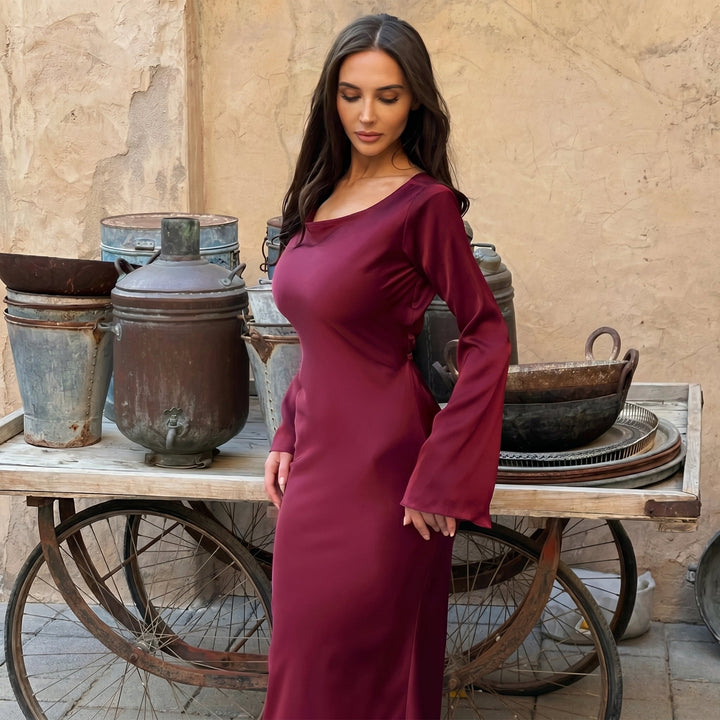 Sofia - Women's Evening Fitted Maxi Dress with Flared Cuffs - Maxi Dresses - Burgundy - Davies & Cooper