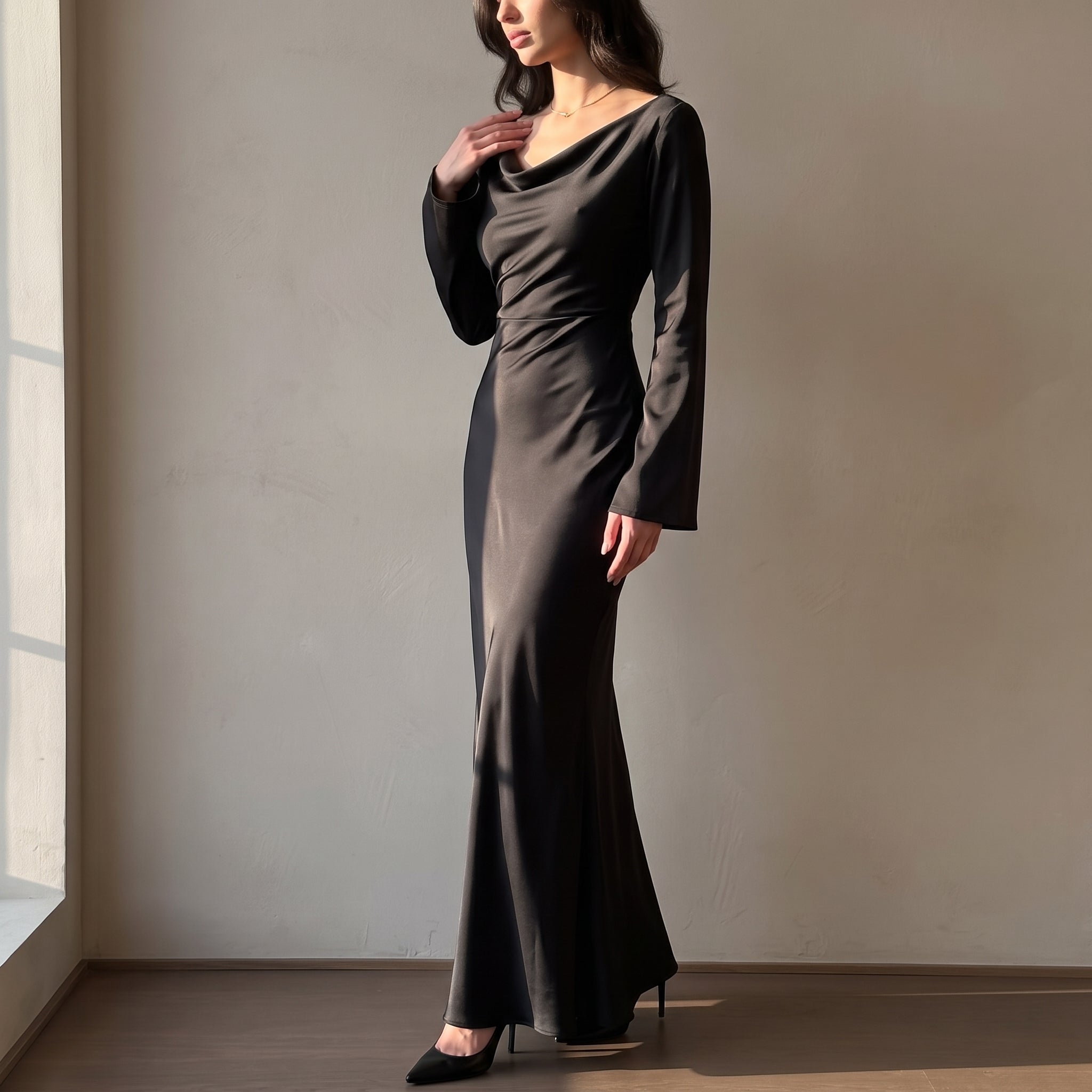 Sofia - Women's Evening Fitted Maxi Dress with Flared Cuffs - Maxi Dresses - Black - Davies & Cooper