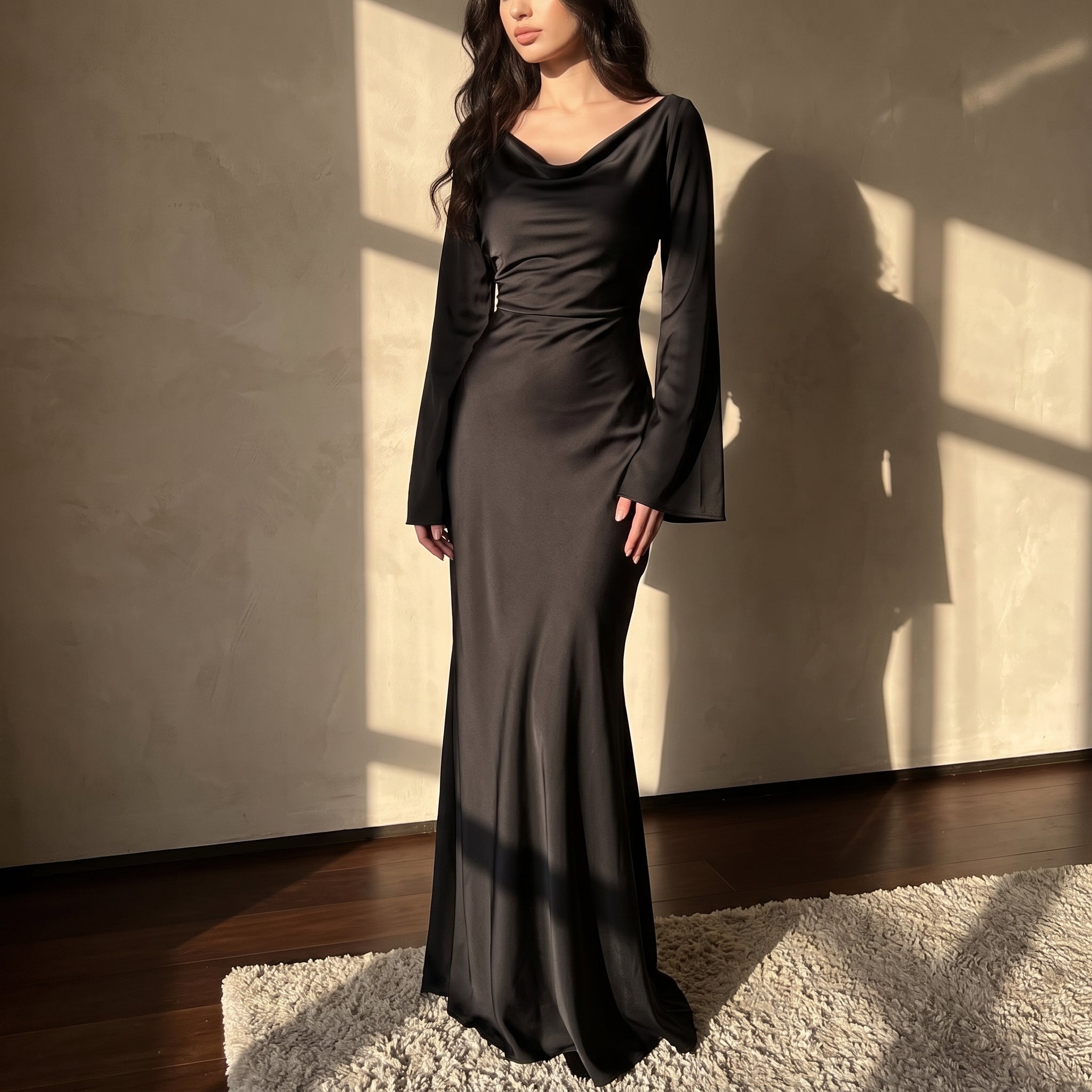 Sofia - Women's Evening Fitted Maxi Dress with Flared Cuffs - Maxi Dresses - Black - Davies & Cooper