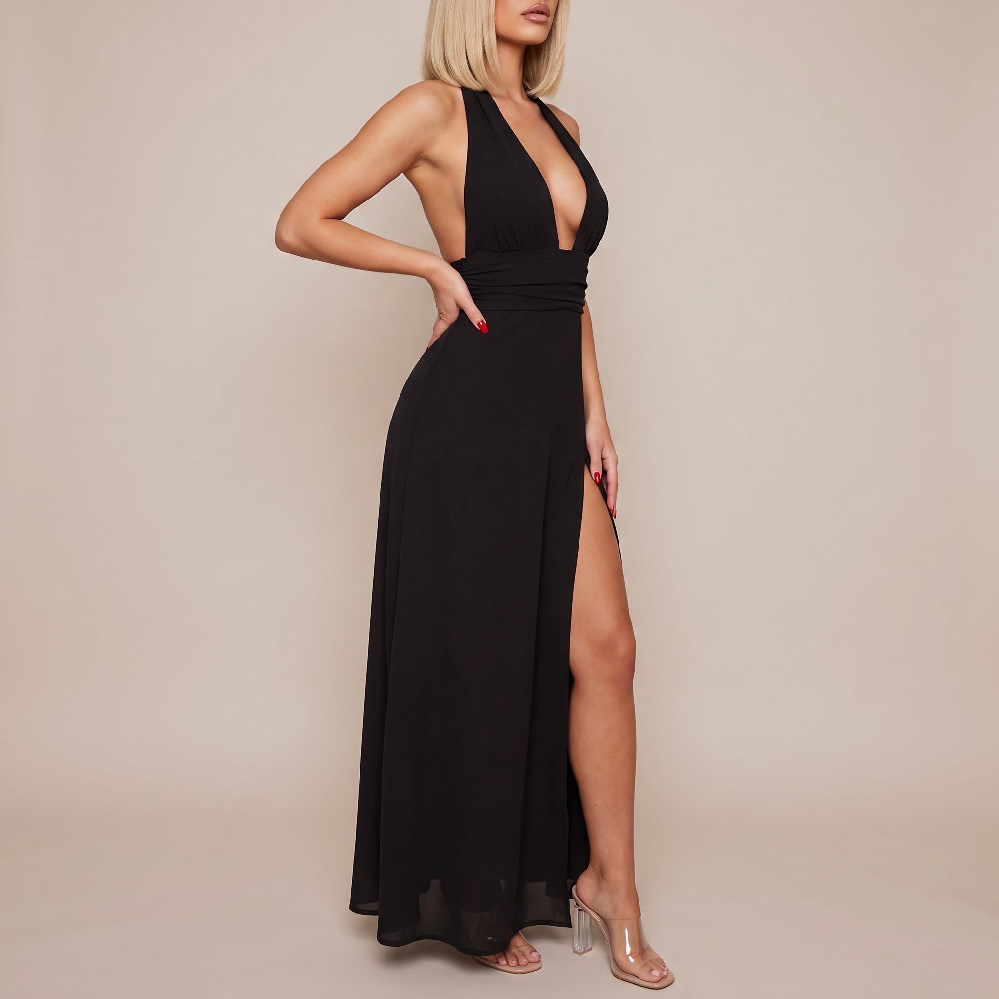 Sofia - Women's Evening Halter Neck Maxi Dress with Side Split - Maxi Dress - Black - Davies & Cooper
