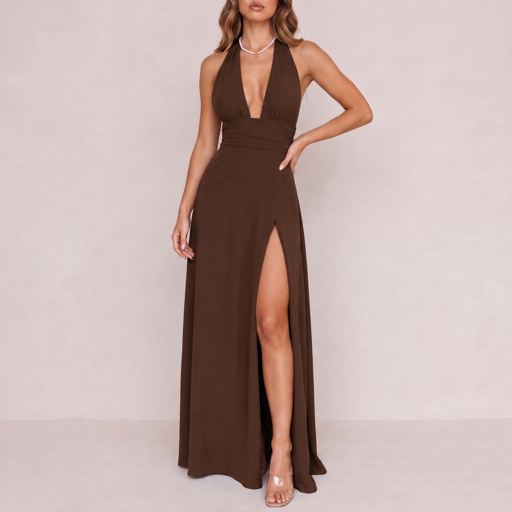 Sofia - Women's Evening Halter Neck Maxi Dress with Side Split - Maxi Dress - Brown - Davies & Cooper