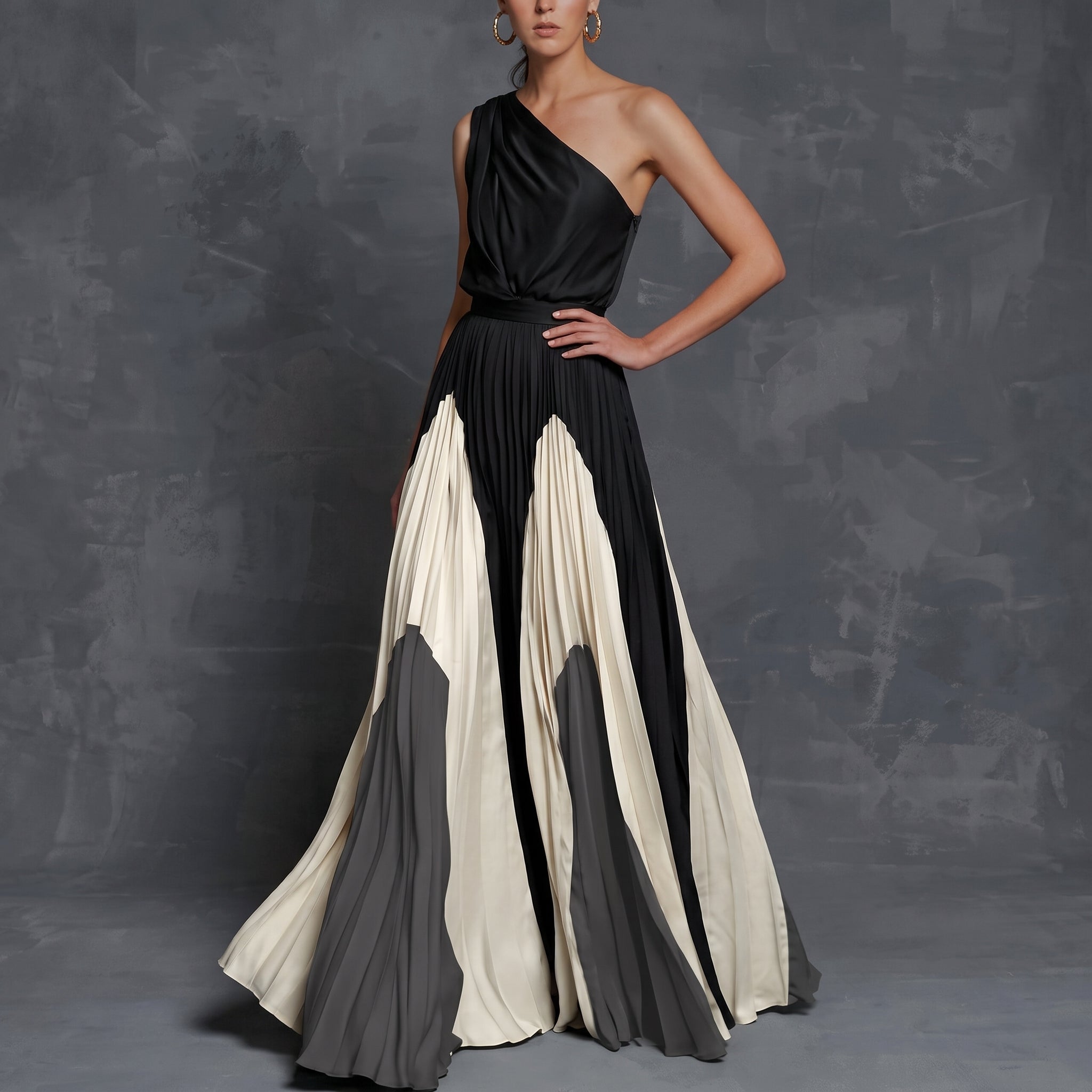 Sofia - Women's Evening One-Shoulder Colour Block Maxi Dress - Maxi Dress - Grey - Davies & Cooper