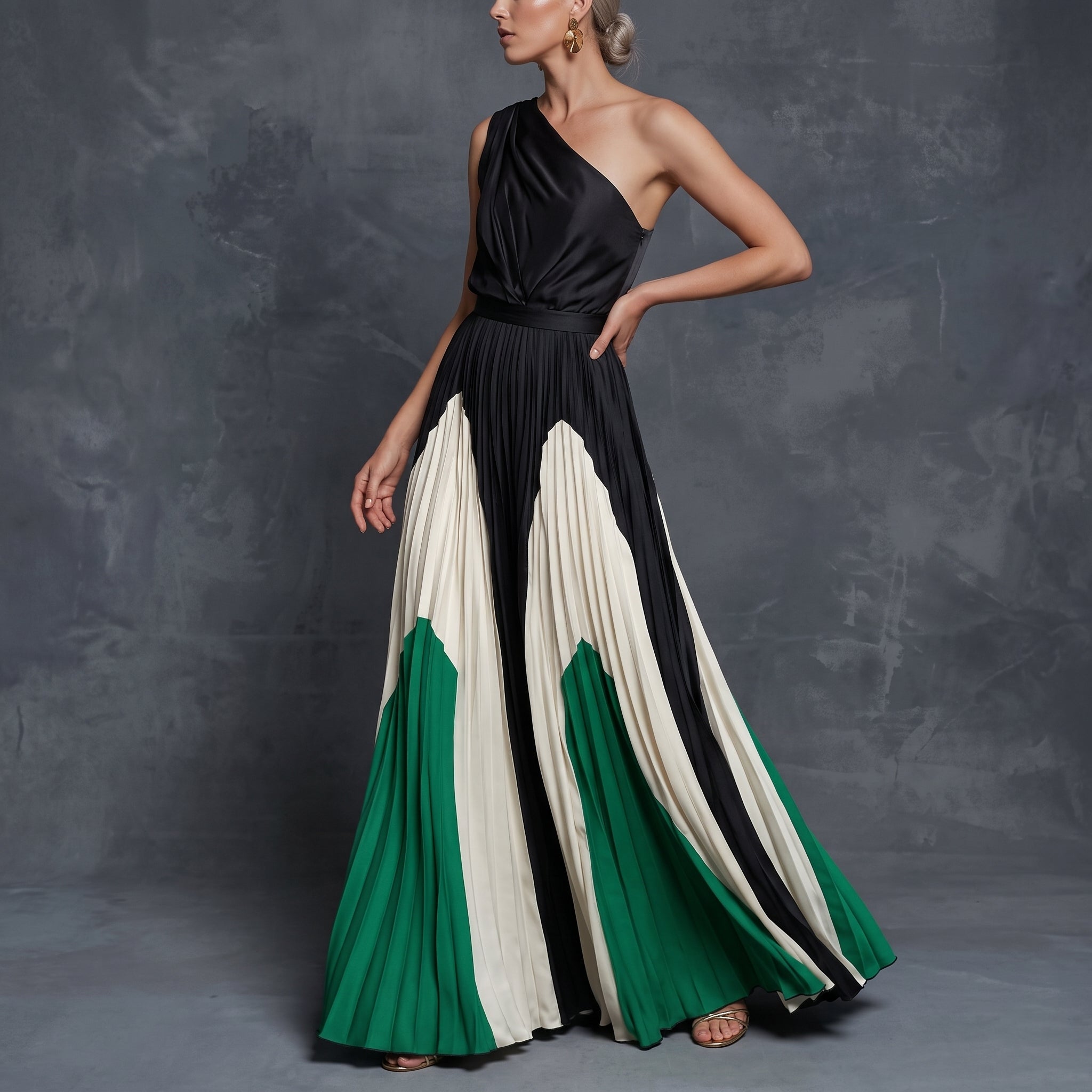 Sofia - Women's Evening One-Shoulder Colour Block Maxi Dress - Maxi Dress - Green - Davies & Cooper