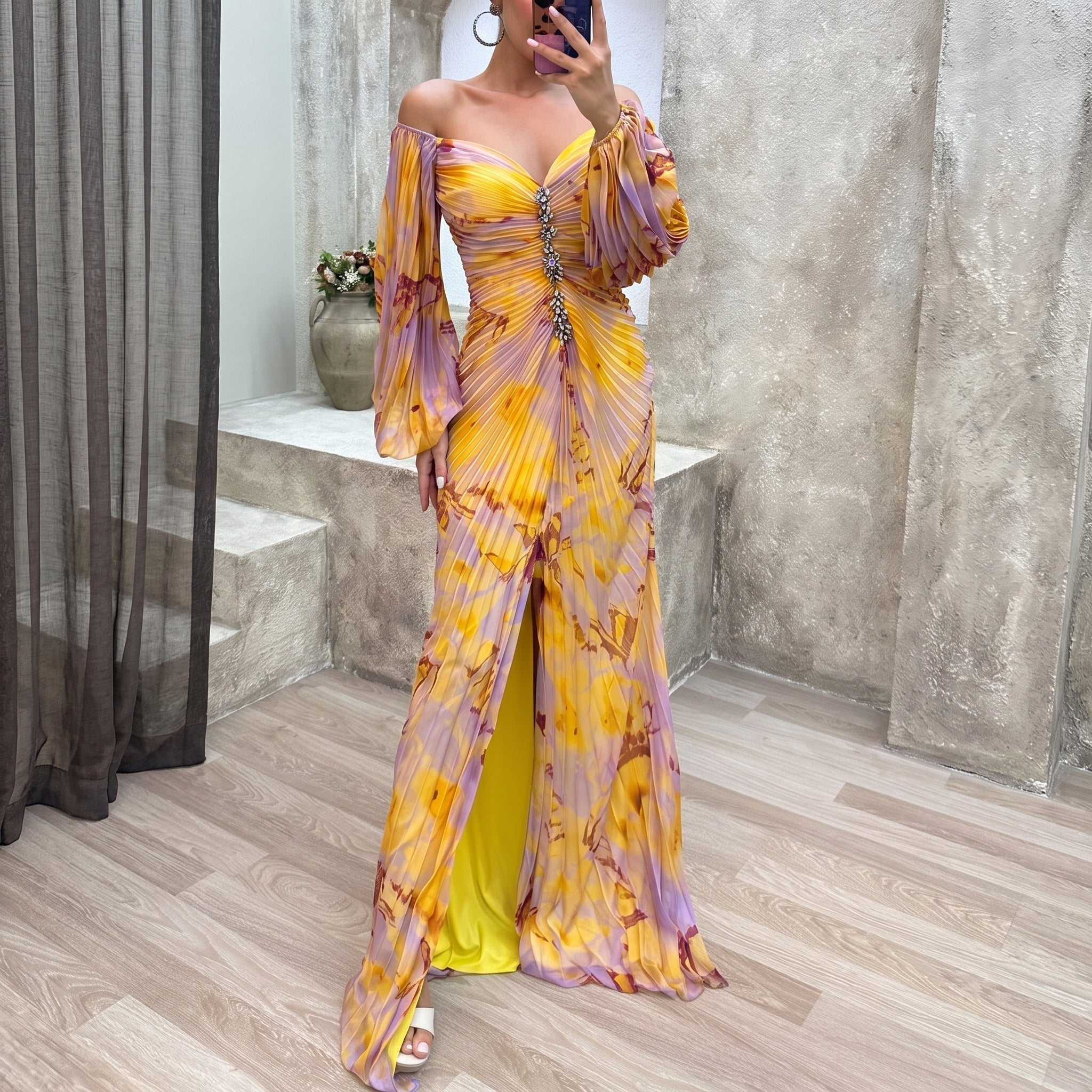 Sofia - Women's Evening Printed Corset Maxi Dress with Puff Sleeves - Maxi Dress - Yellow - Davies & Cooper