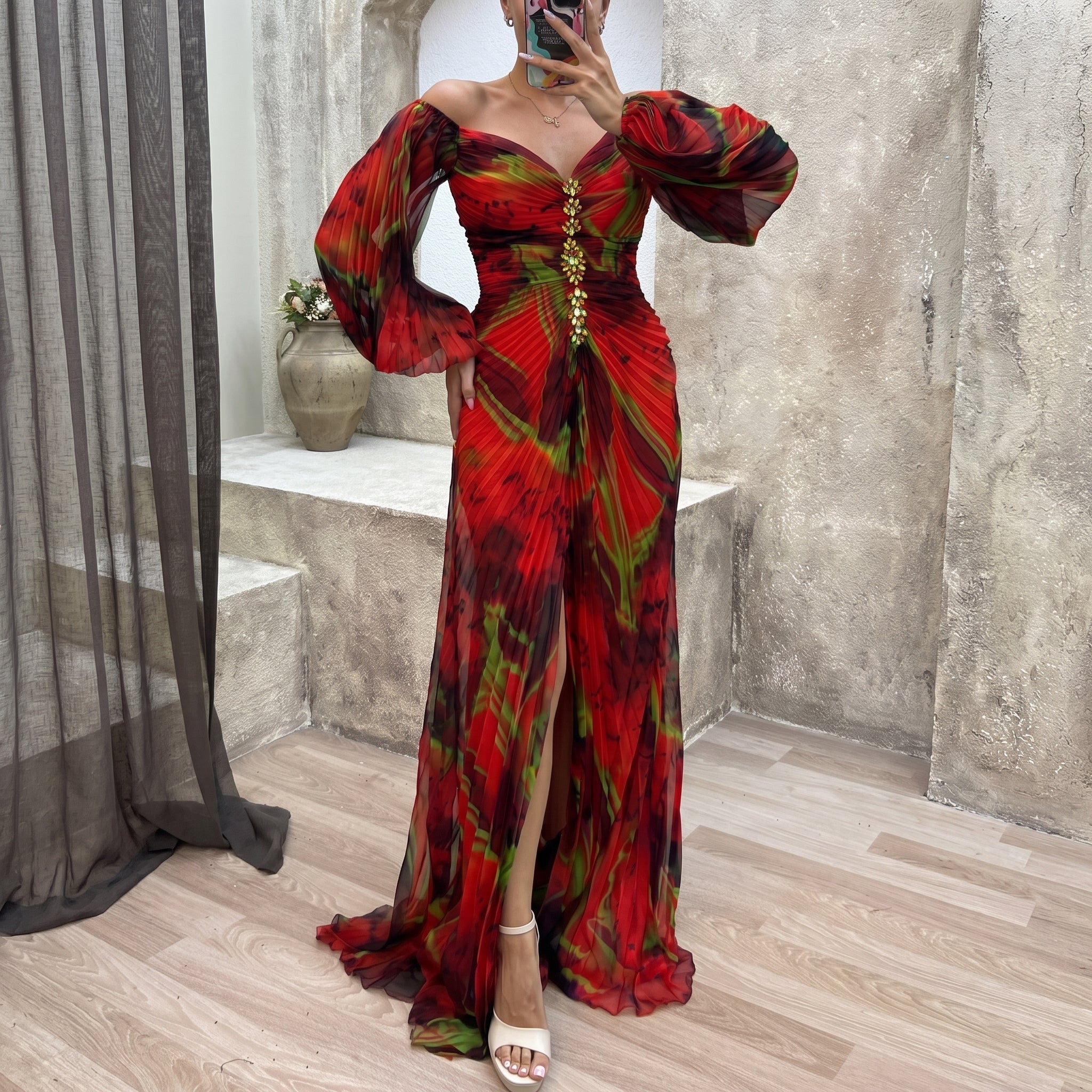 Sofia - Women's Evening Printed Corset Maxi Dress with Puff Sleeves - Maxi Dress - Red - Davies & Cooper