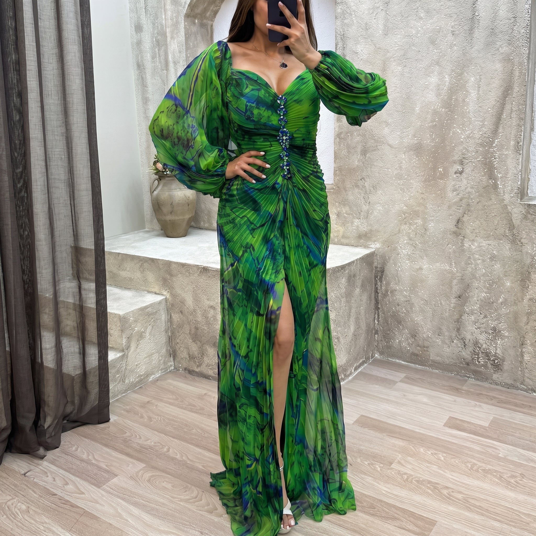 Sofia - Women's Evening Printed Corset Maxi Dress with Puff Sleeves - Maxi Dress - Green - Davies & Cooper