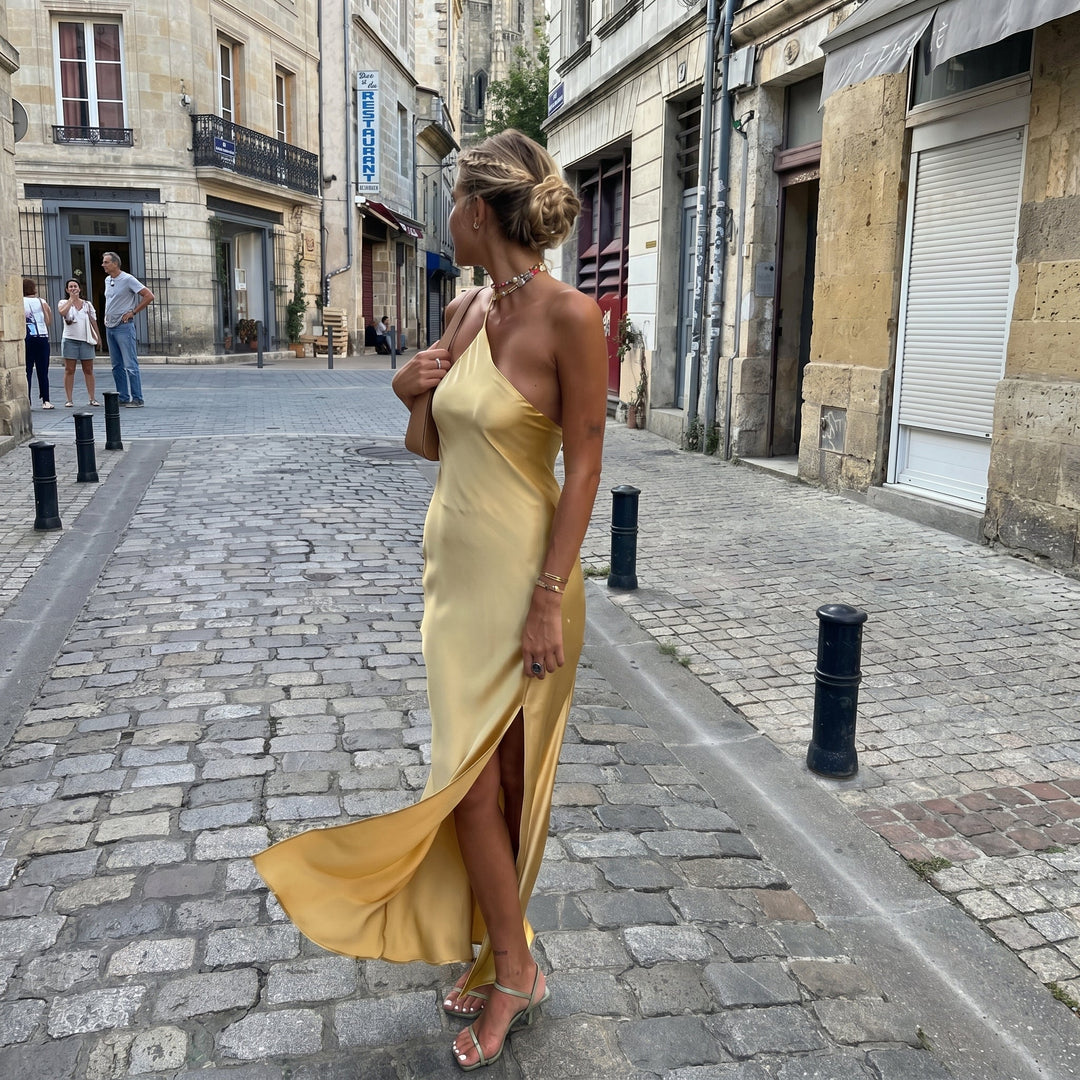 Sofia - Women's Evening Side Slit Maxi Dress with Open Back - Dresses - Yellow - Davies & Cooper