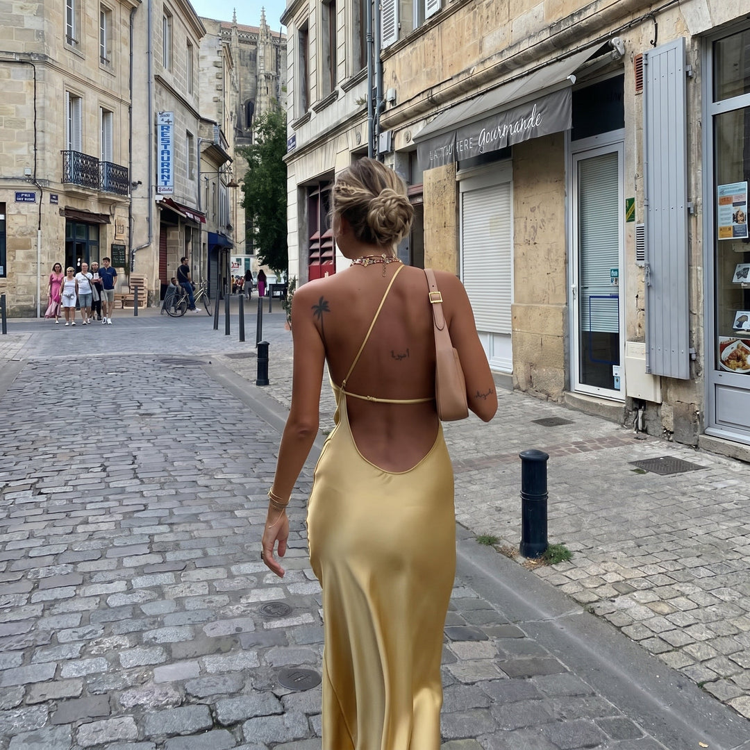 Sofia - Women's Evening Side Slit Maxi Dress with Open Back - Dresses - Yellow - Davies & Cooper