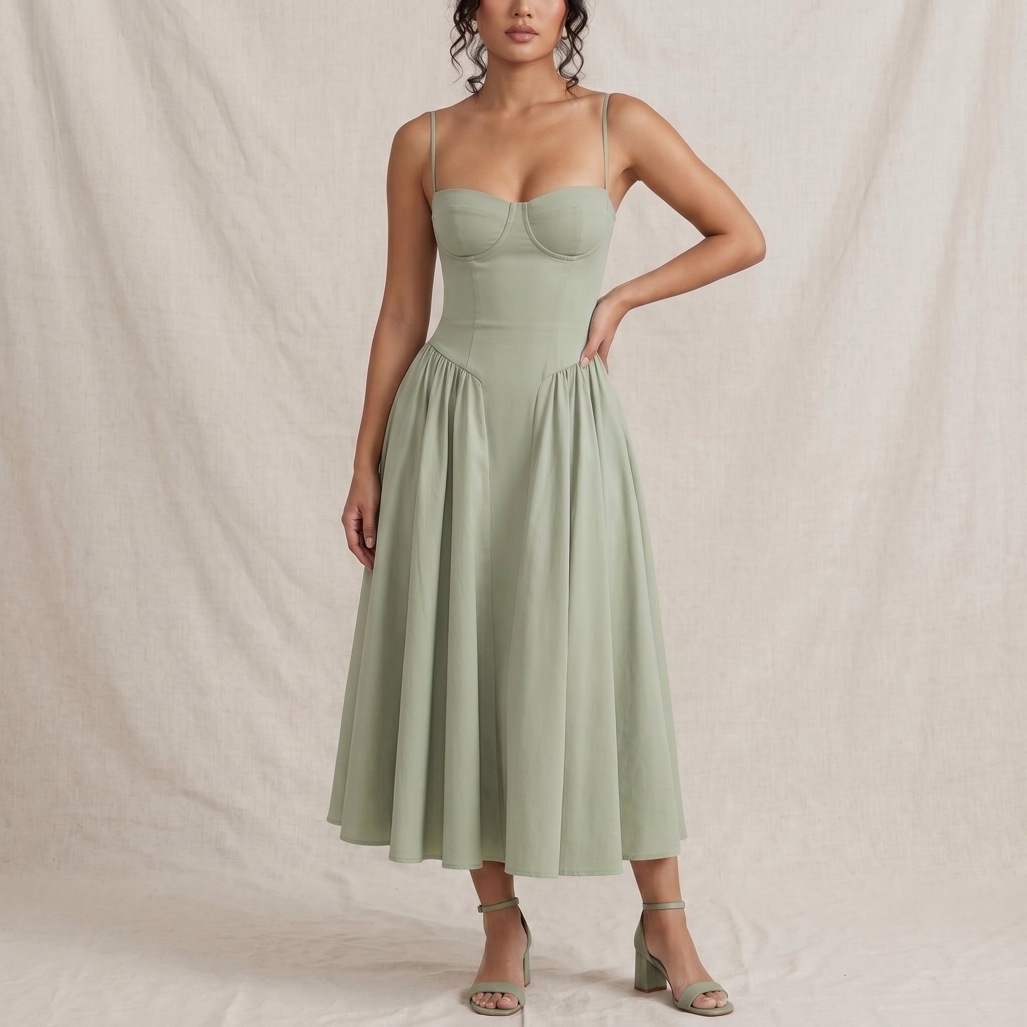 Sofia - Women's Wedding Guest Corset Pleated Midi Dress - Midi Dress - Green - Davies & Cooper