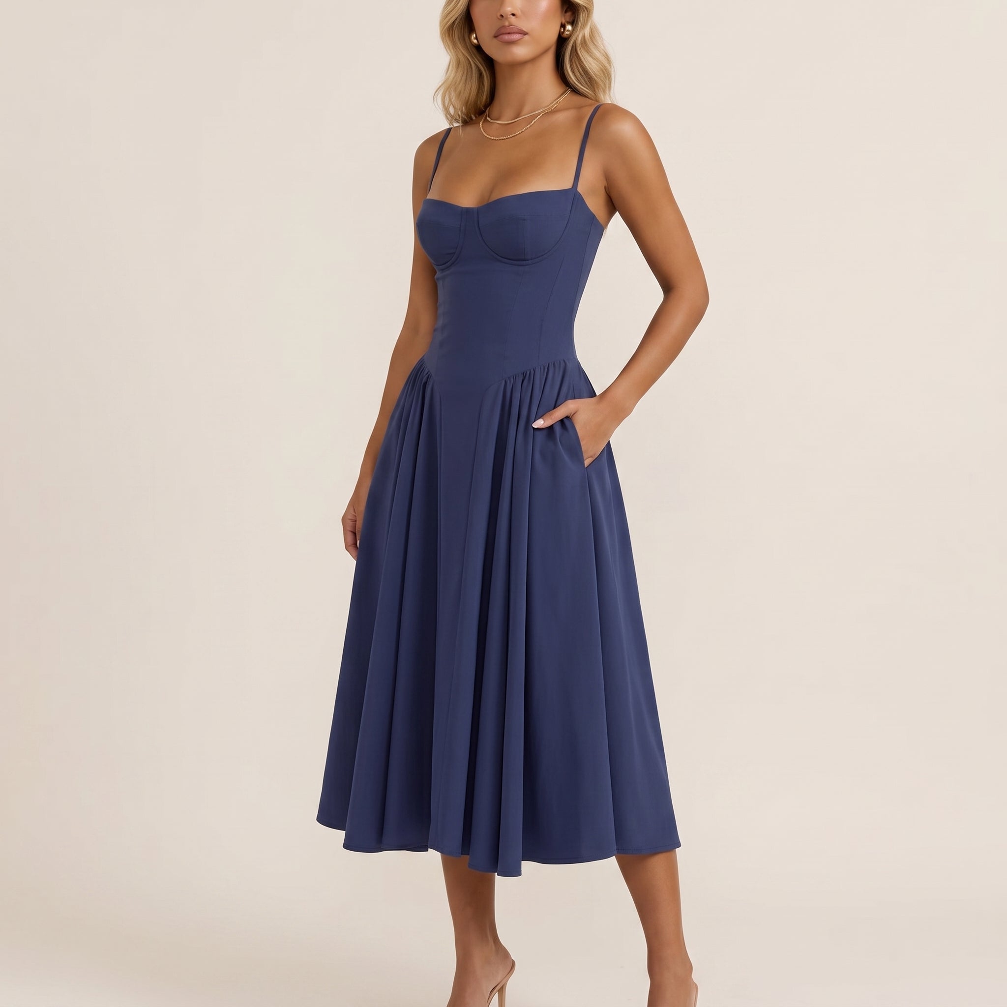Sofia - Women's Wedding Guest Corset Pleated Midi Dress - Midi Dress - Dark Blue - Davies & Cooper