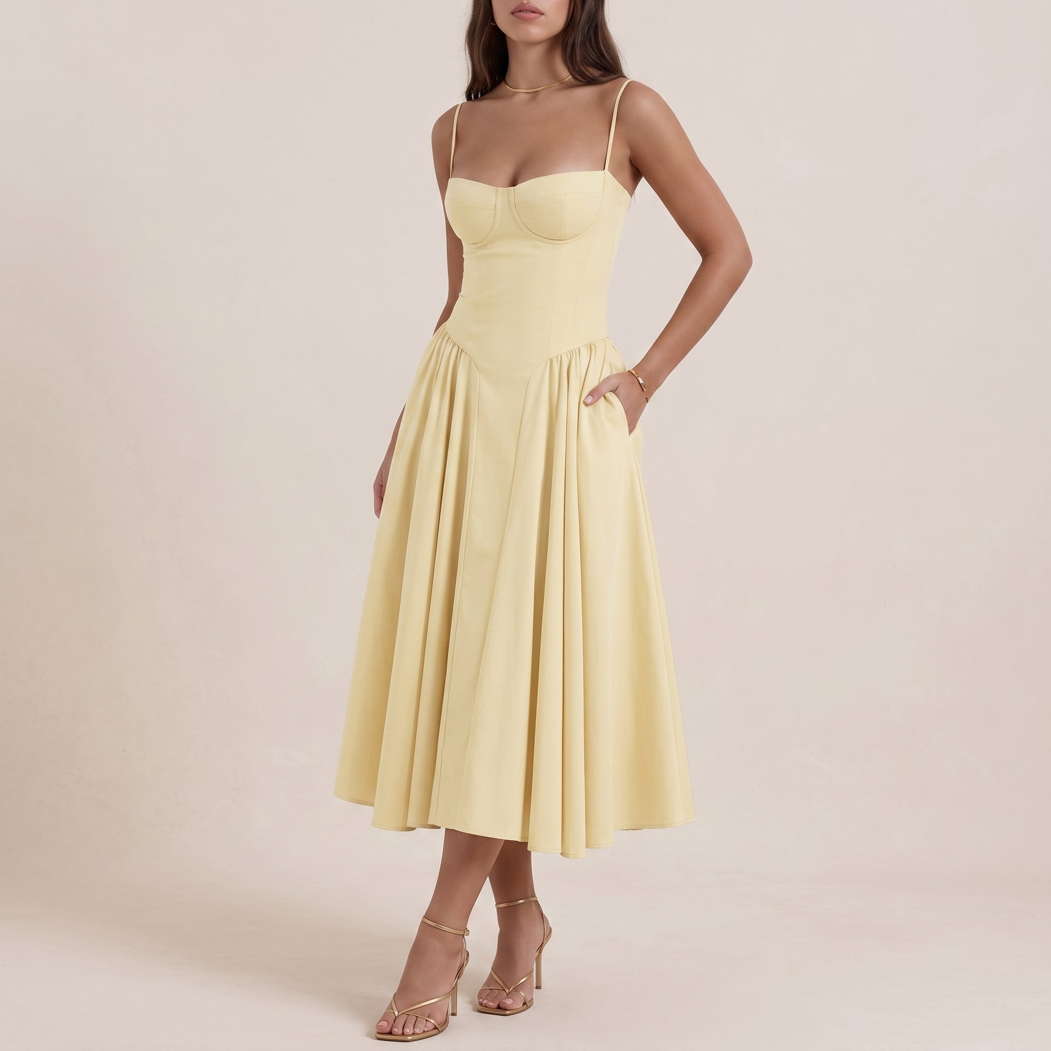 Sofia - Women's Wedding Guest Corset Pleated Midi Dress - Midi Dress - Yellow - Davies & Cooper