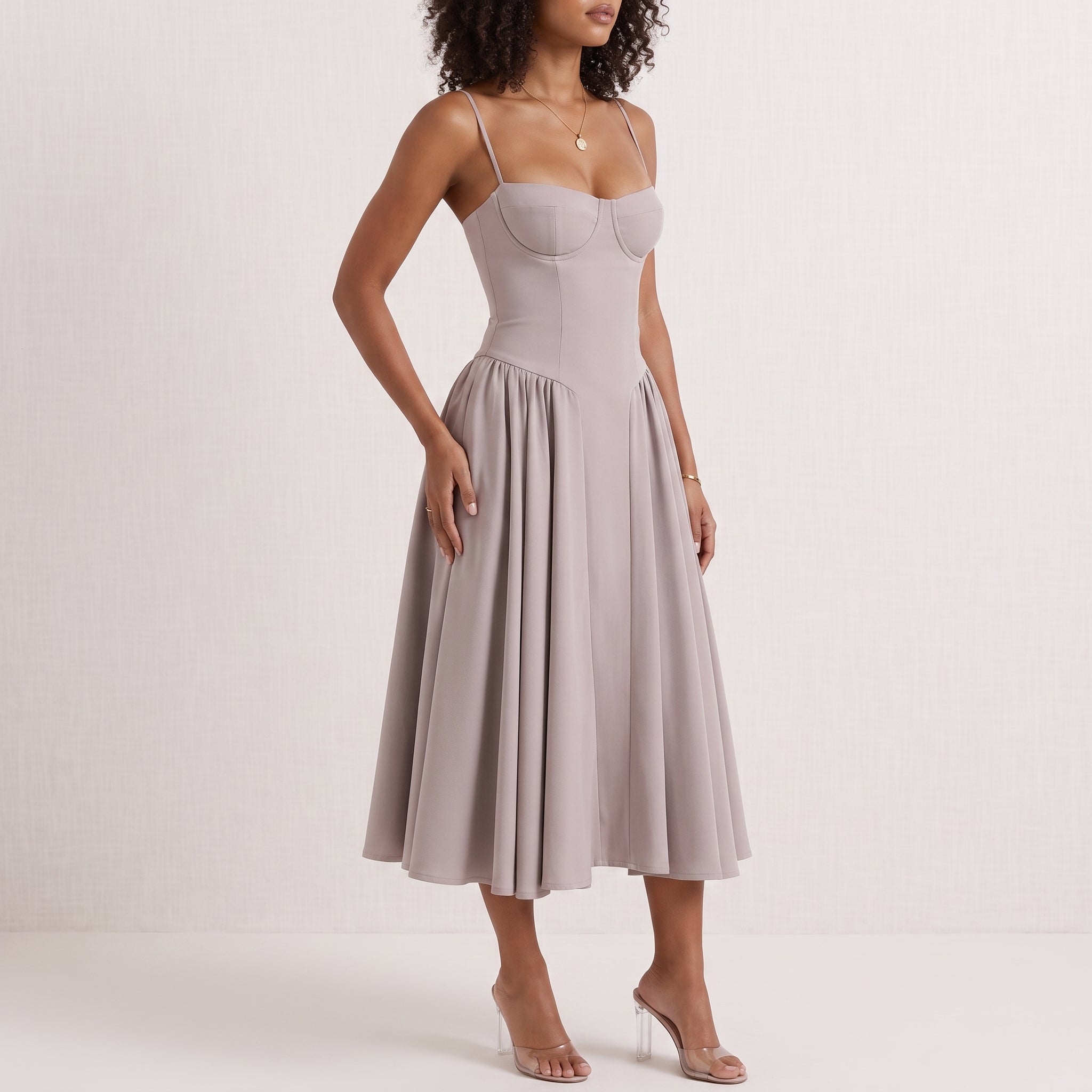 Sofia - Women's Wedding Guest Corset Pleated Midi Dress - Midi Dress - Grey - Davies & Cooper