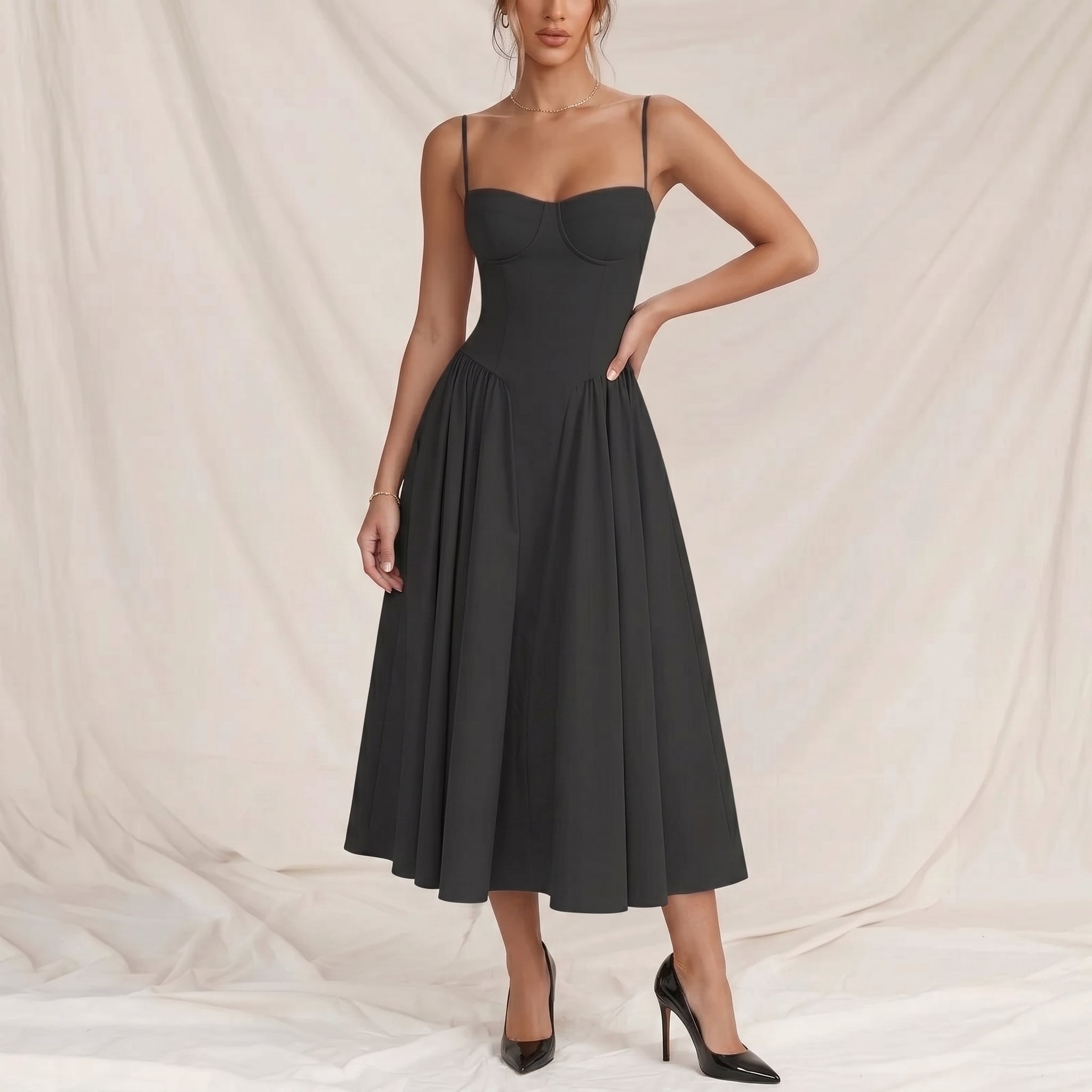 Sofia - Women's Wedding Guest Corset Pleated Midi Dress - Midi Dress - Black - Davies & Cooper