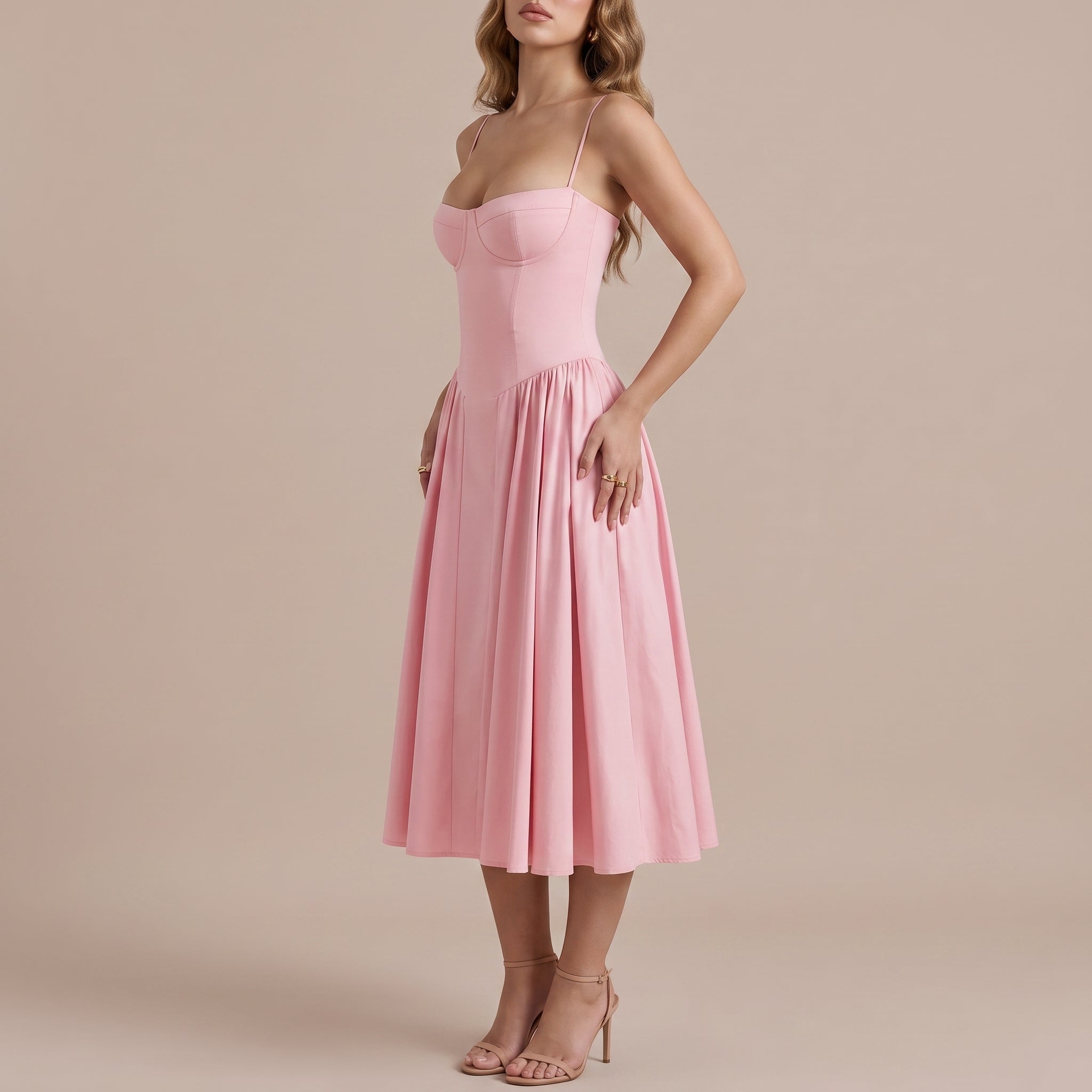 Sofia - Women's Wedding Guest Corset Pleated Midi Dress - Midi Dress - Pink - Davies & Cooper