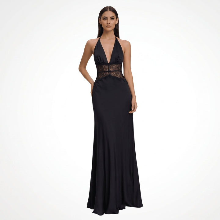 Sofia - Women's Wedding Guest Halter Neck Lace Maxi Dress - Maxi Dresses - Black - Davies & Cooper