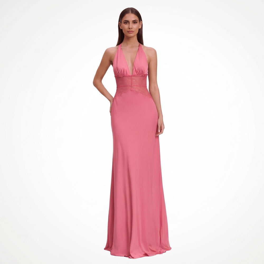 Sofia - Women's Wedding Guest Halter Neck Lace Maxi Dress - Maxi Dresses - Pink - Davies & Cooper