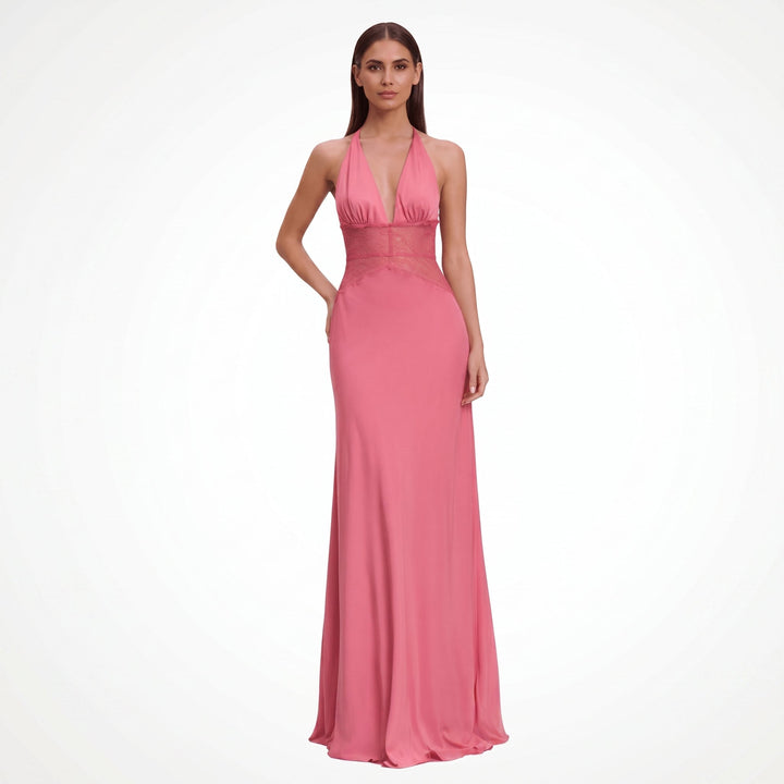 Sofia - Women's Wedding Guest Halter Neck Lace Maxi Dress - Maxi Dresses - Pink - Davies & Cooper