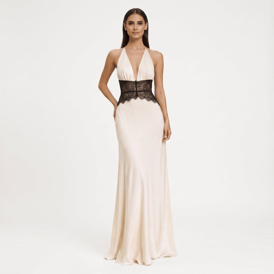 Sofia - Women's Wedding Guest Halter Neck Lace Maxi Dress - Maxi Dresses - White - Davies & Cooper