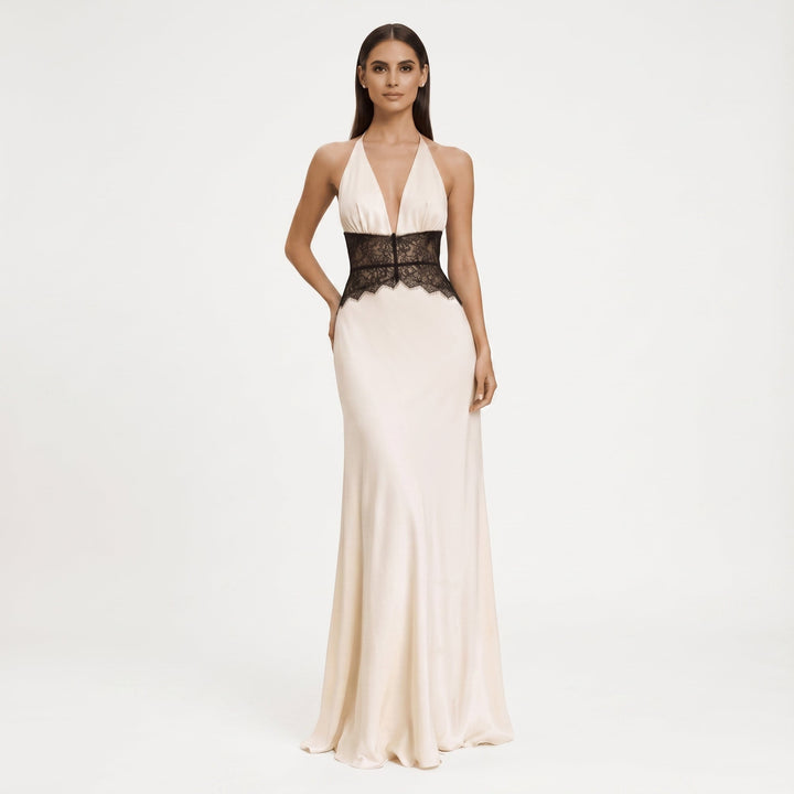 Sofia - Women's Wedding Guest Halter Neck Lace Maxi Dress - Maxi Dresses - White - Davies & Cooper