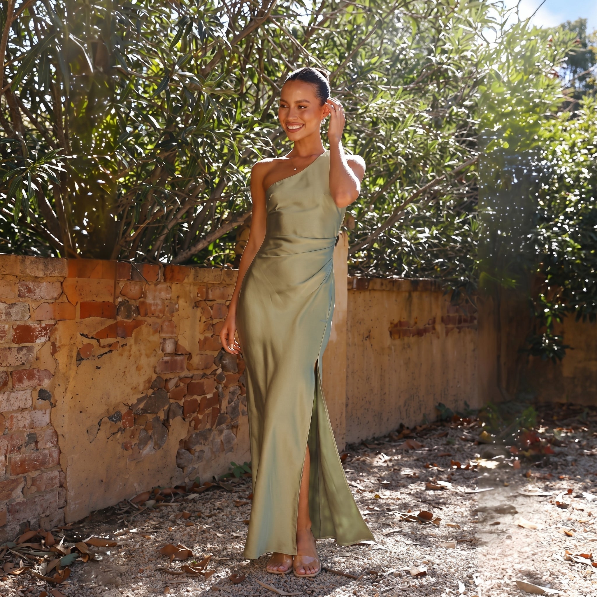 Sofia - Women's Wedding Guest One - Shoulder Maxi Dress - Maxi Dress - Green - Davies & Cooper