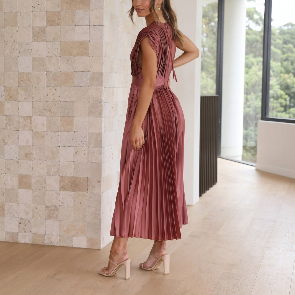 Sofia - Women's Wedding Guest Pleated Midi Dress with Cap Sleeves - Midi Dress - Red - Davies & Cooper