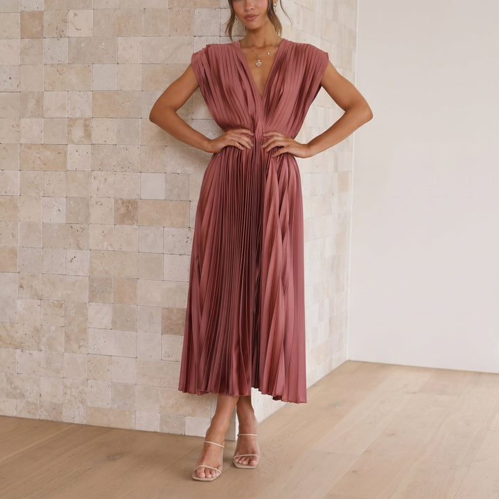 Sofia - Women's Wedding Guest Pleated Midi Dress with Cap Sleeves - Midi Dress - Red - Davies & Cooper