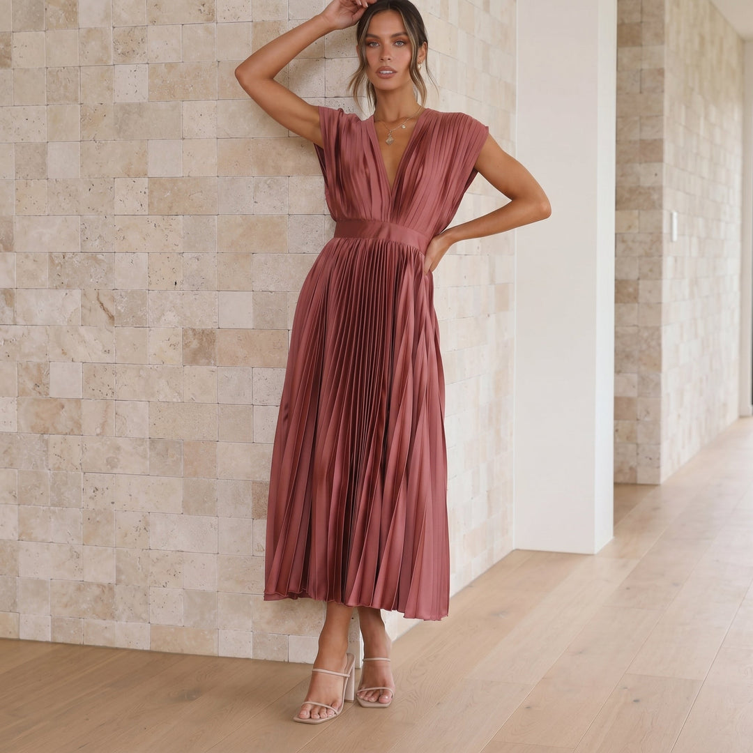 Sofia - Women's Wedding Guest Pleated Midi Dress with Cap Sleeves - Midi Dress - Red - Davies & Cooper