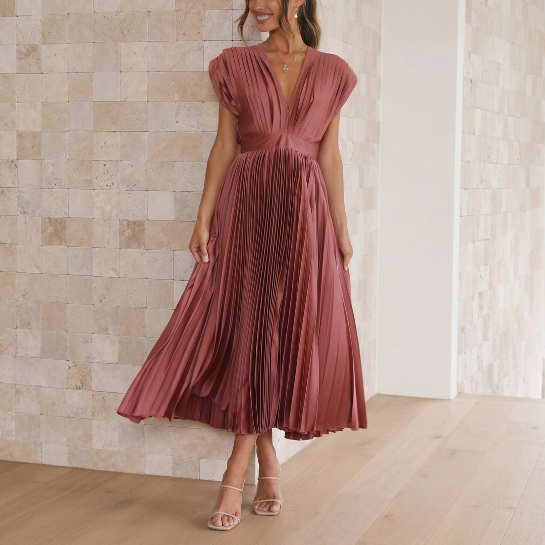 Sofia - Women's Wedding Guest Pleated Midi Dress with Cap Sleeves - Midi Dress - Red - Davies & Cooper