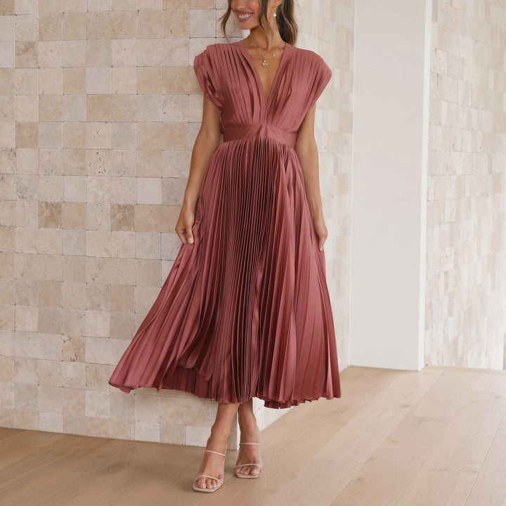 Sofia - Women's Wedding Guest Pleated Midi Dress with Cap Sleeves - Midi Dress - Red - Davies & Cooper