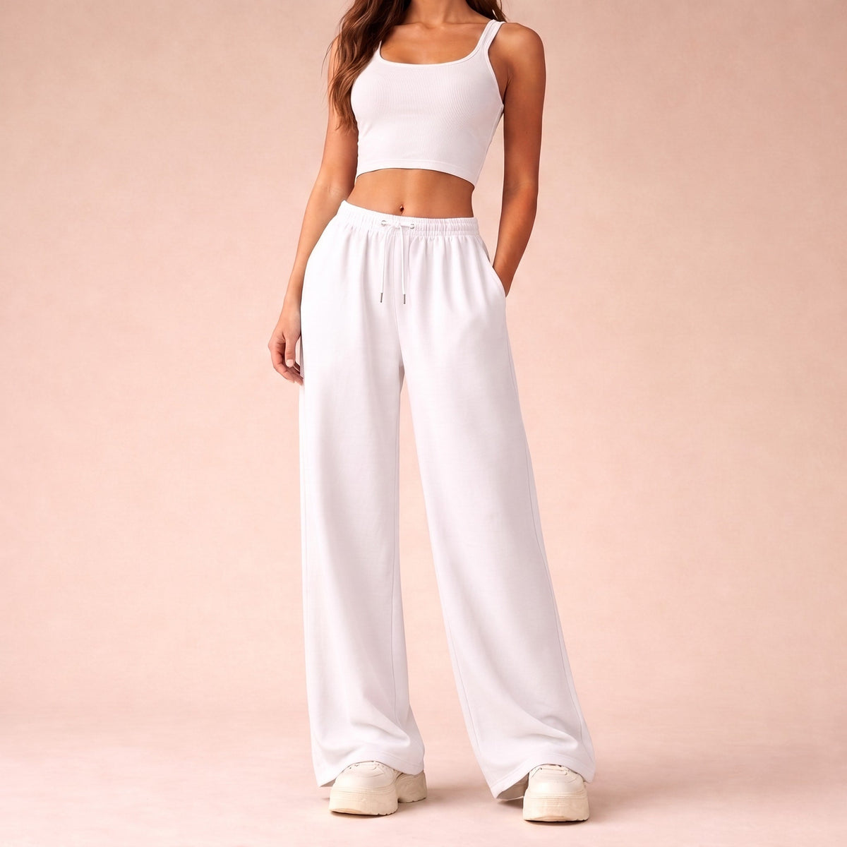 Sofia - Women's Wide-Leg Jogging Trousers with Drawstring Waist - Joggers - White - Davies & Cooper