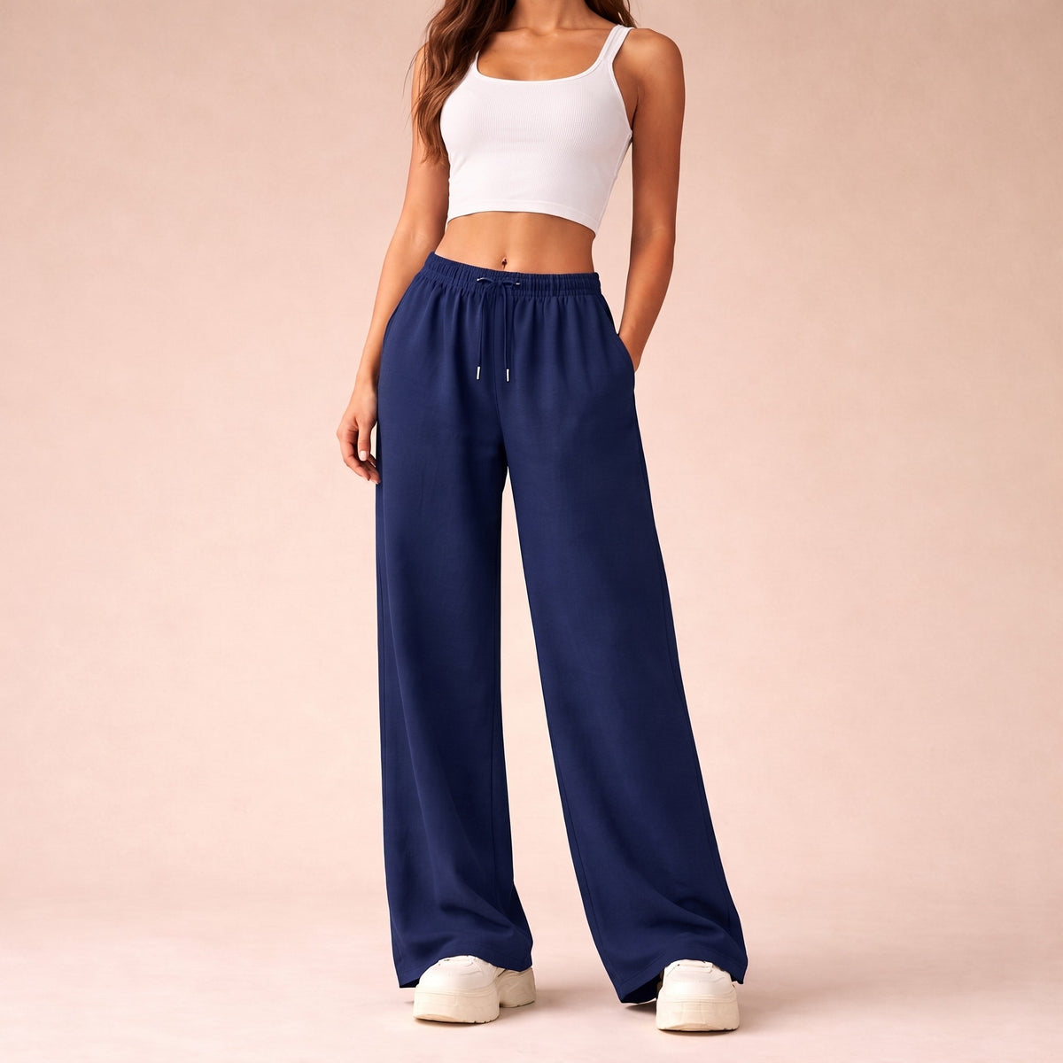 Sofia - Women's Wide-Leg Jogging Trousers with Drawstring Waist - Joggers - Dark Blue - Davies & Cooper
