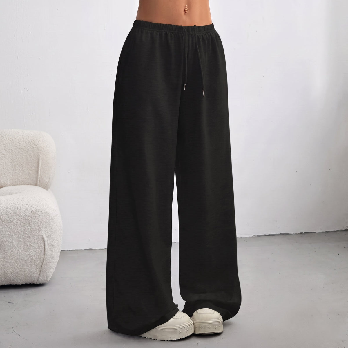 Sofia - Women's Wide-Leg Jogging Trousers with Drawstring Waist - Joggers - Black - Davies & Cooper