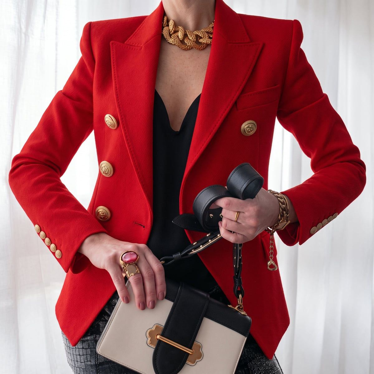 Sophia - Women's Double-Breasted Tailored Blazer with Gold Buttons - Blazers - Red - Davies & Cooper