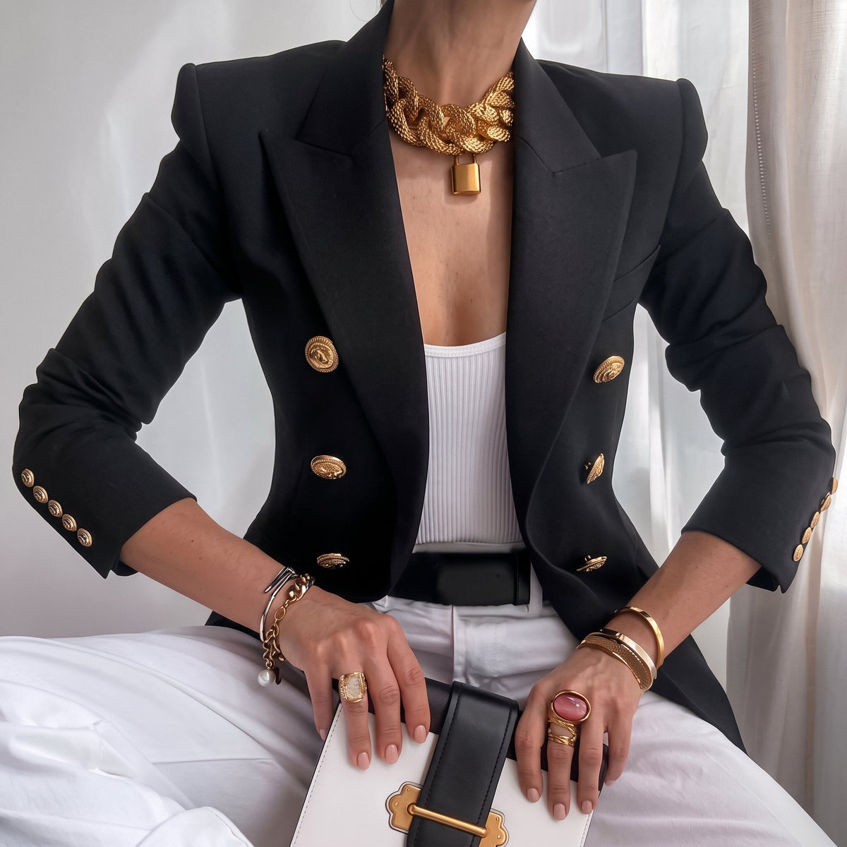 Sophia - Women's Double-Breasted Tailored Blazer with Gold Buttons - Blazers - Black - Davies & Cooper