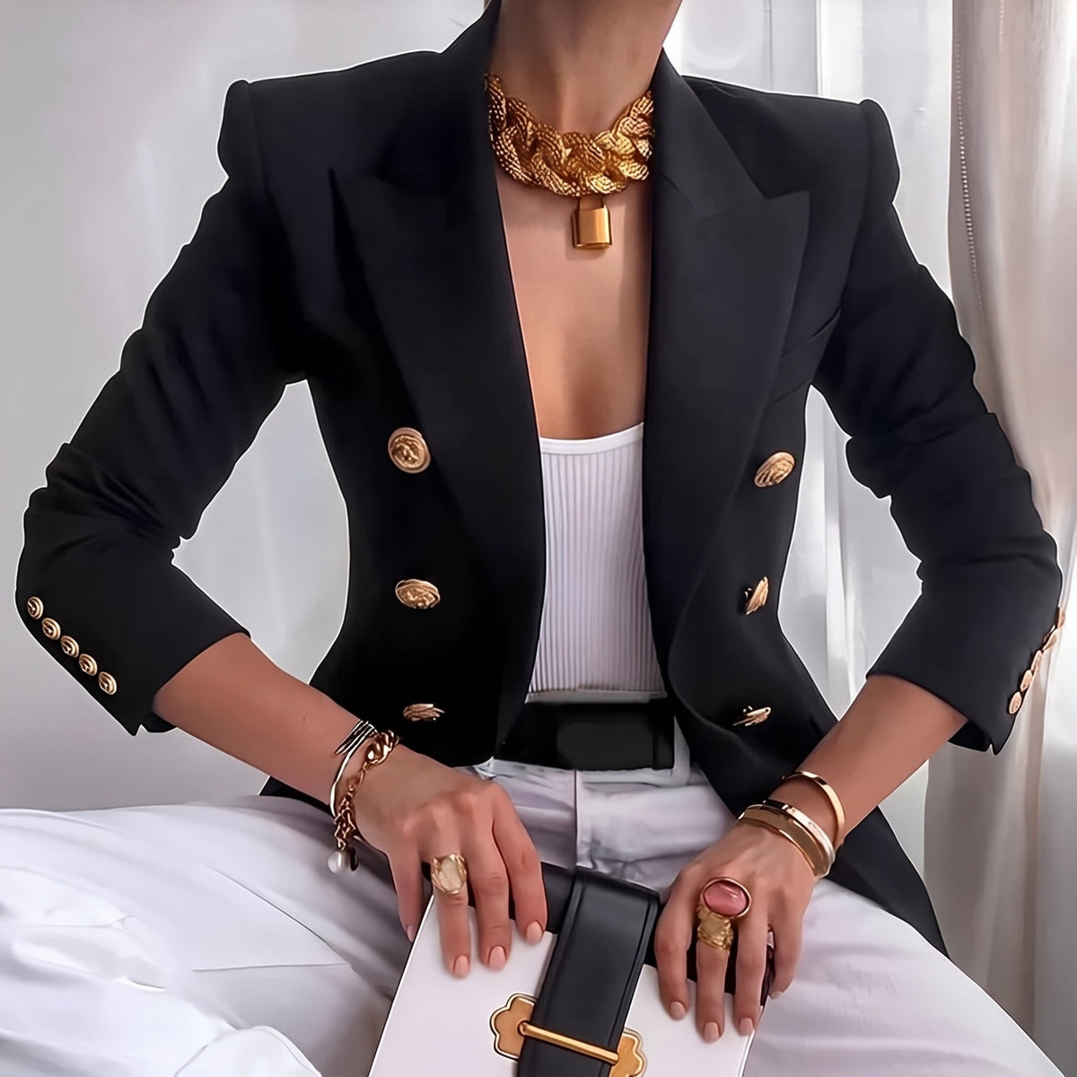 Sophia - Women's Double-Breasted Tailored Blazer with Gold Buttons - Blazers - Black - Davies & Cooper