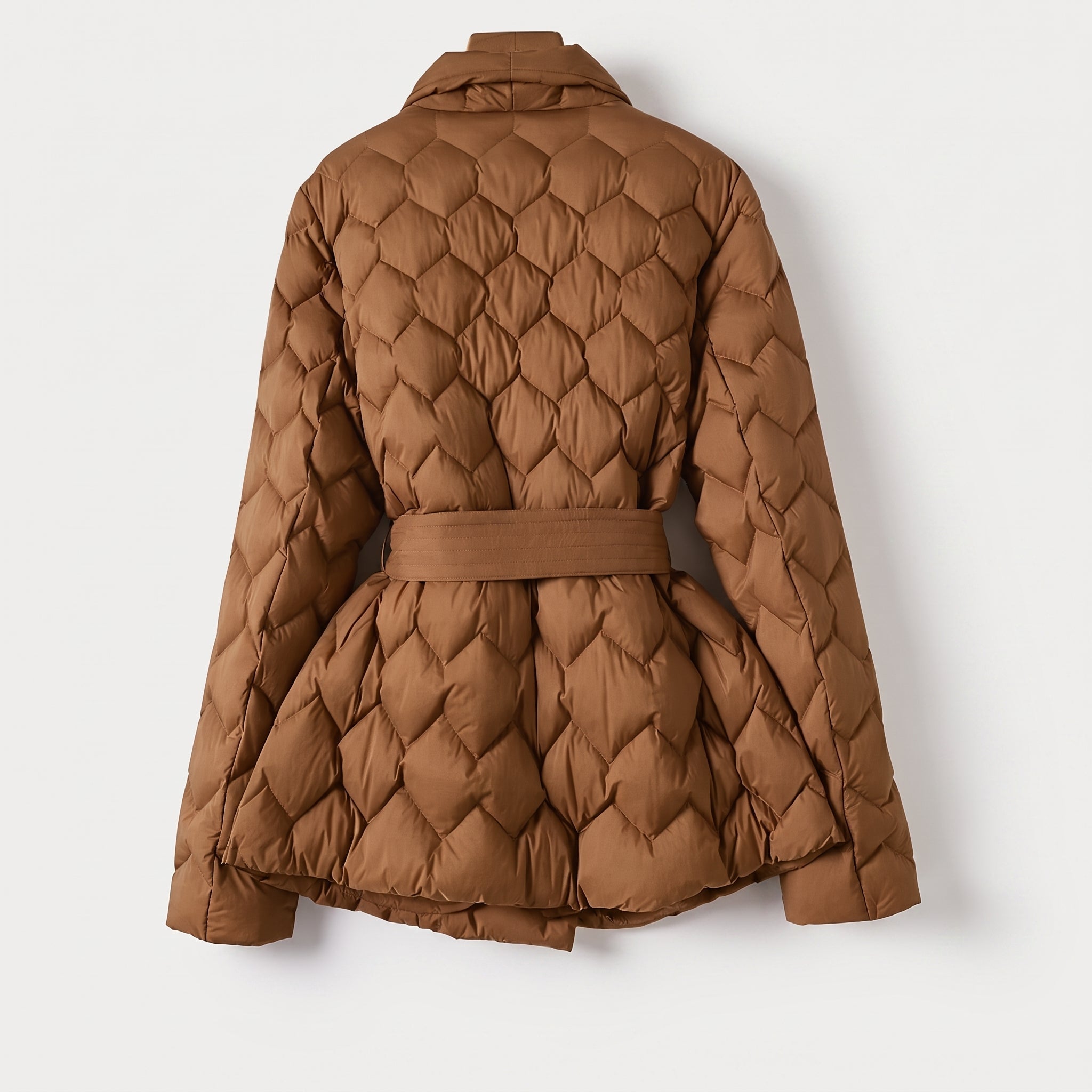 Sophia - Women's Quilted Belted Puffer Jacket with Shawl Collar - Puffer Jackets - Brown - Davies & Cooper