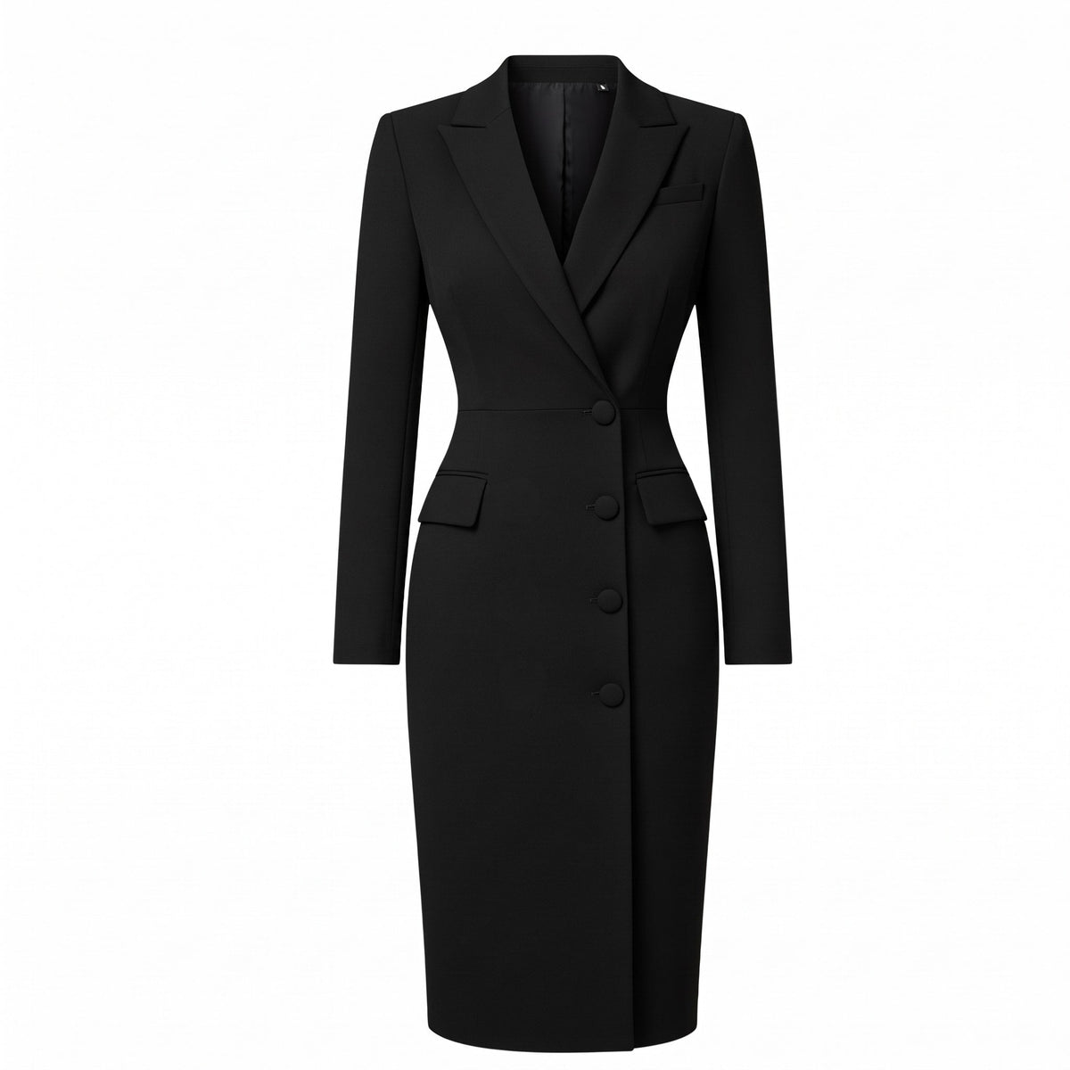 Sophia - Women's Tailored Long Sleeve Blazer Midi Dress with Button Front - Dresses - Black - Davies & Cooper