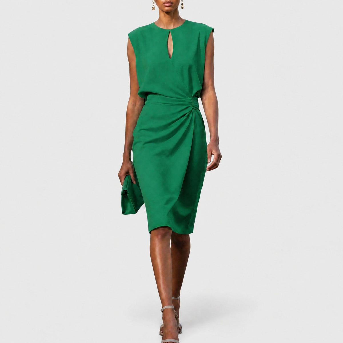 Sophia - Women's Wrap Front Ruched Midi Dress with Keyhole Neckline - Dresses - Green - Davies & Cooper