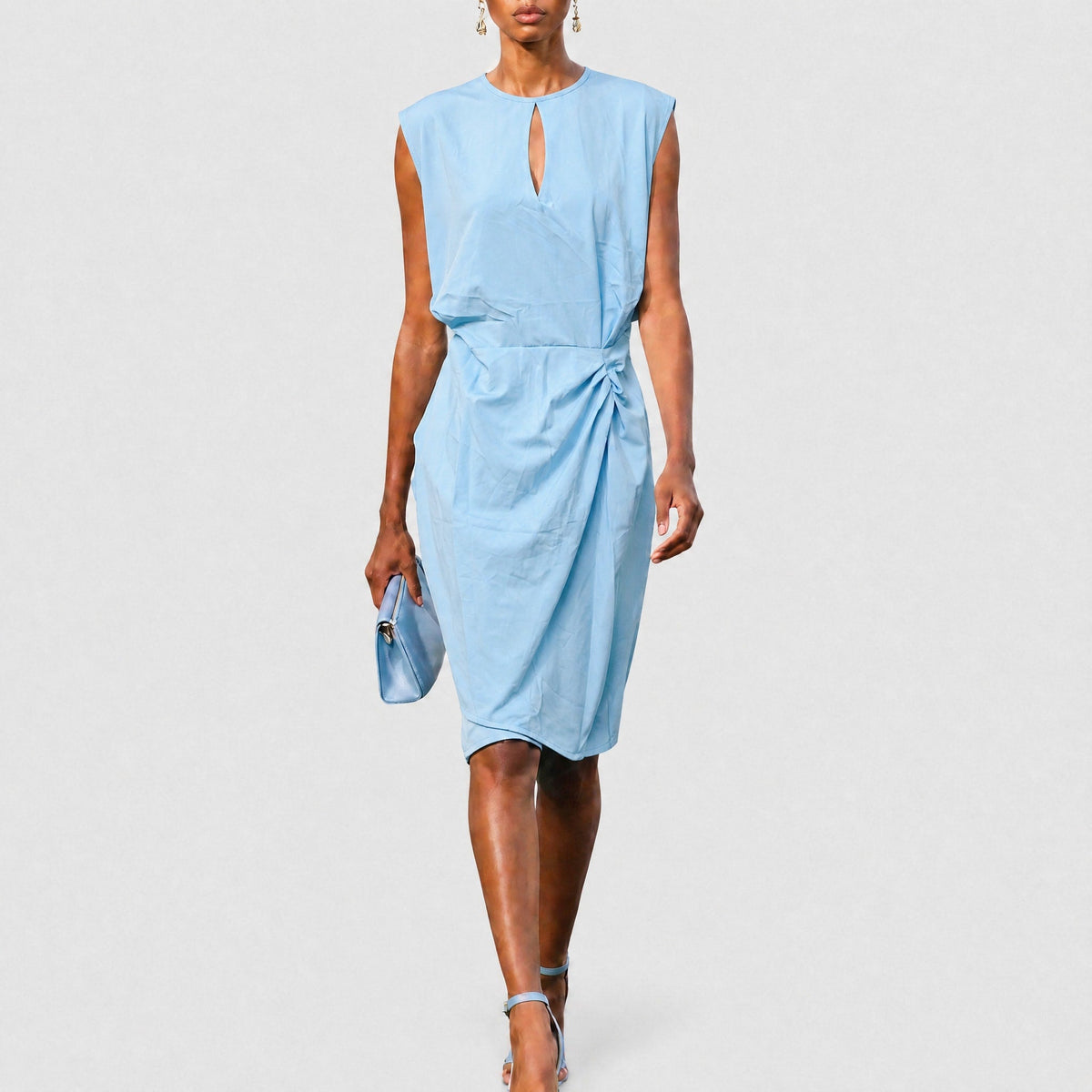 Sophia - Women's Wrap Front Ruched Midi Dress with Keyhole Neckline - Dresses - Light Blue - Davies & Cooper