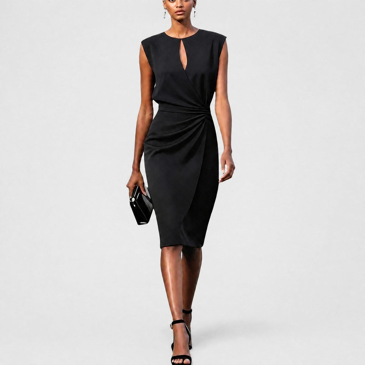 Sophia - Women's Wrap Front Ruched Midi Dress with Keyhole Neckline - Dresses - Black - Davies & Cooper
