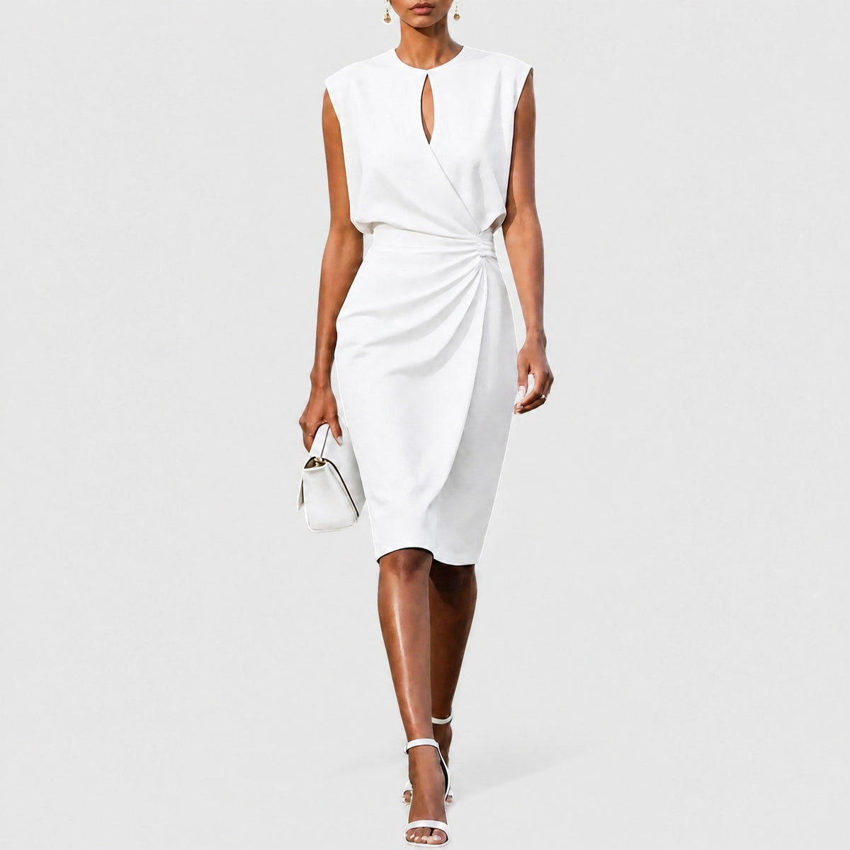 Sophia - Women's Wrap Front Ruched Midi Dress with Keyhole Neckline - Dresses - White - Davies & Cooper
