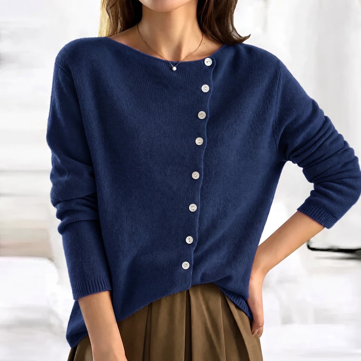 Sophie - Women's Asymmetric Button-Front Long Sleeve Cardigan - Cardigans - Navy Blue - Davies & Cooper