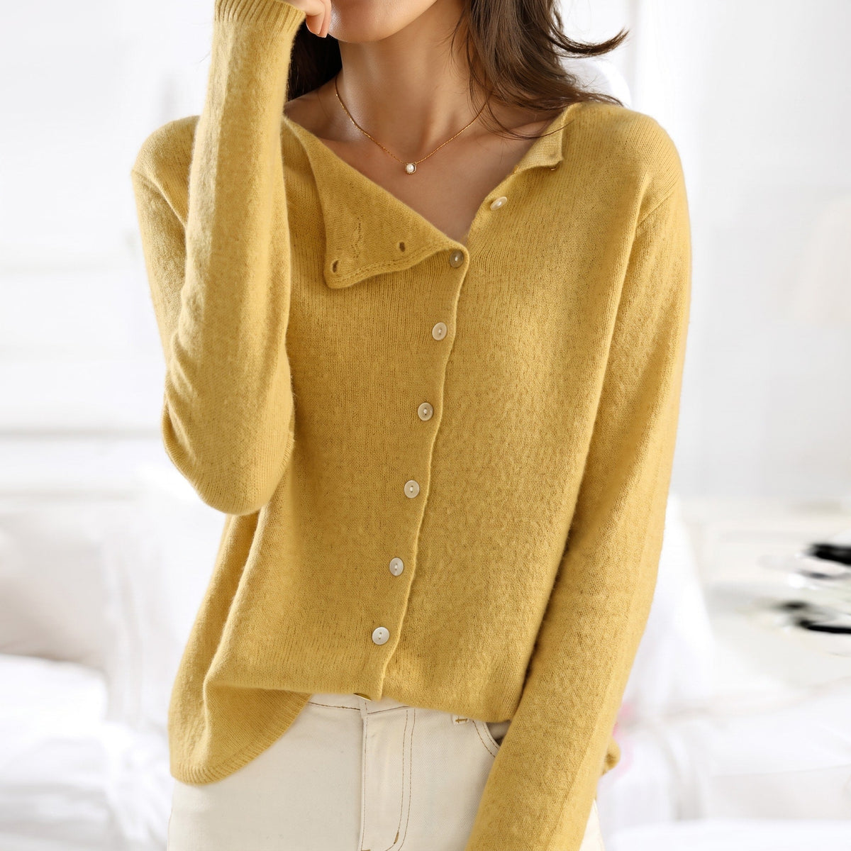 Sophie - Women's Asymmetric Button-Front Long Sleeve Cardigan - Cardigans - Yellow - Davies & Cooper