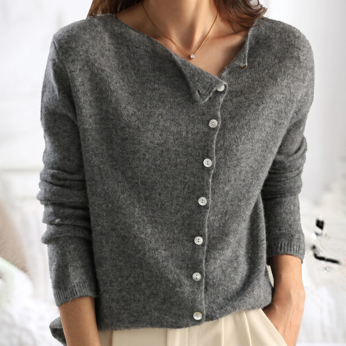 Sophie - Women's Asymmetric Button-Front Long Sleeve Cardigan - Cardigans - Grey - Davies & Cooper