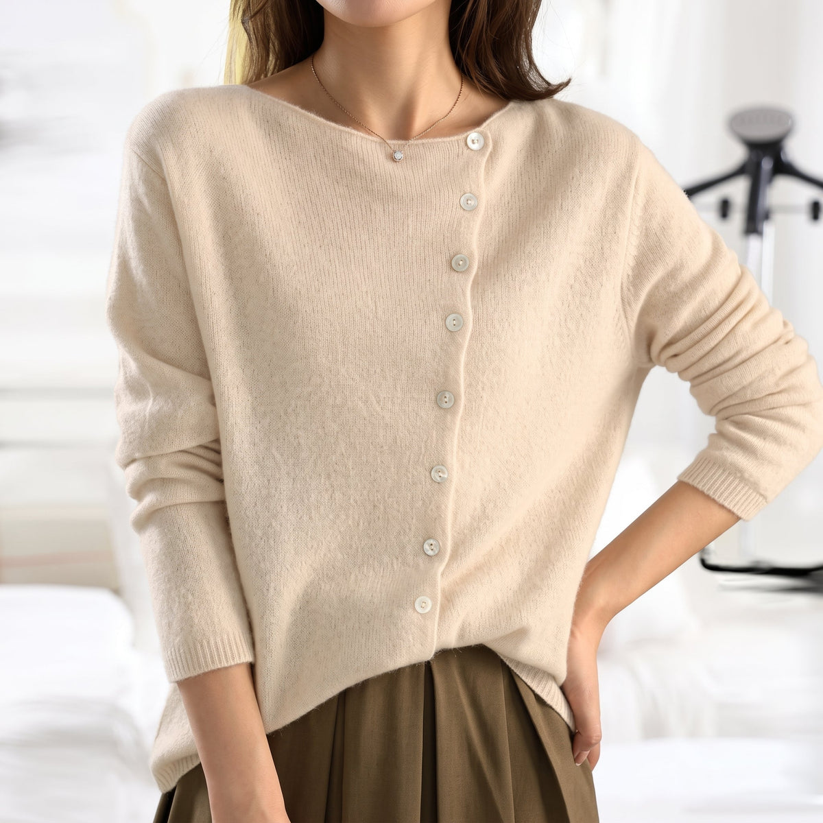 Sophie - Women's Asymmetric Button-Front Long Sleeve Cardigan - Cardigans - Beige - Davies & Cooper